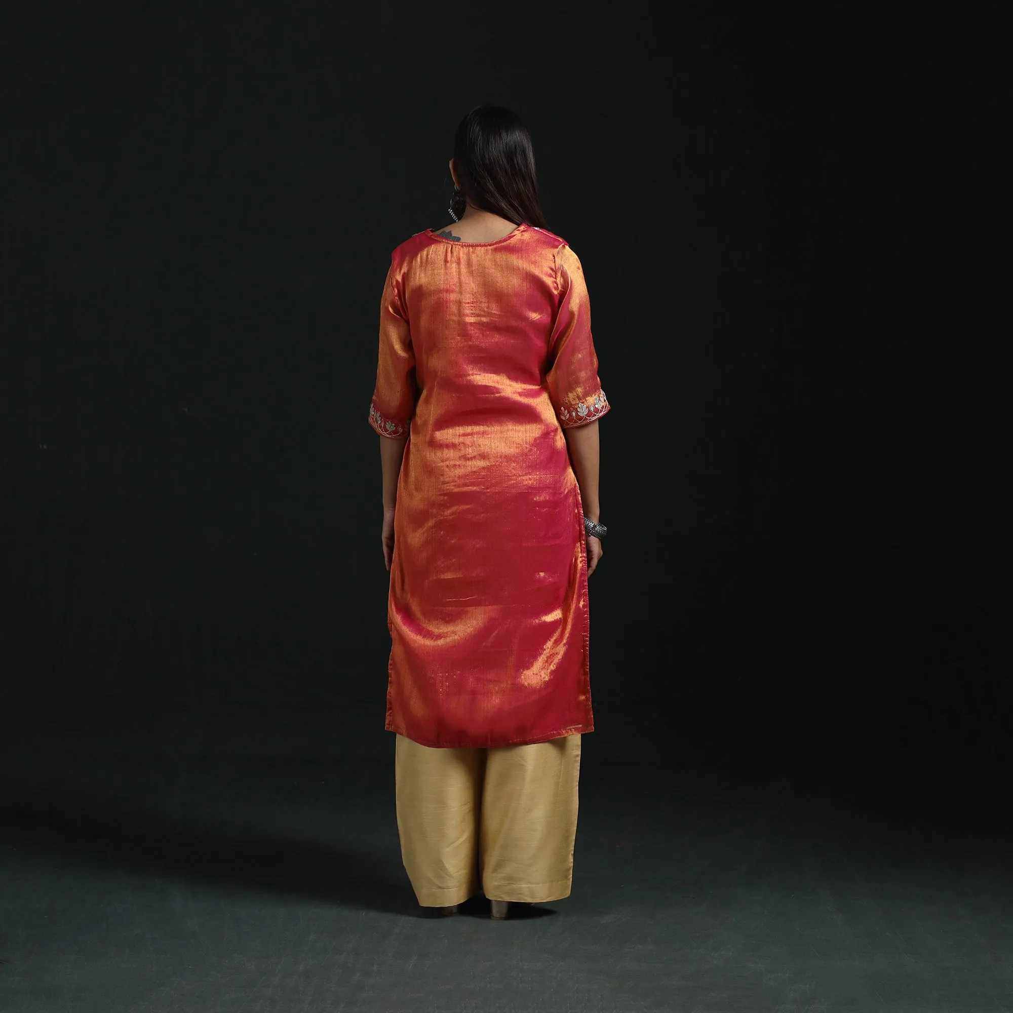 Red - Gota Work Fine Tissue Zari Straight Plain Kurta for women 09 sold by Itokri product image thumbnail 5