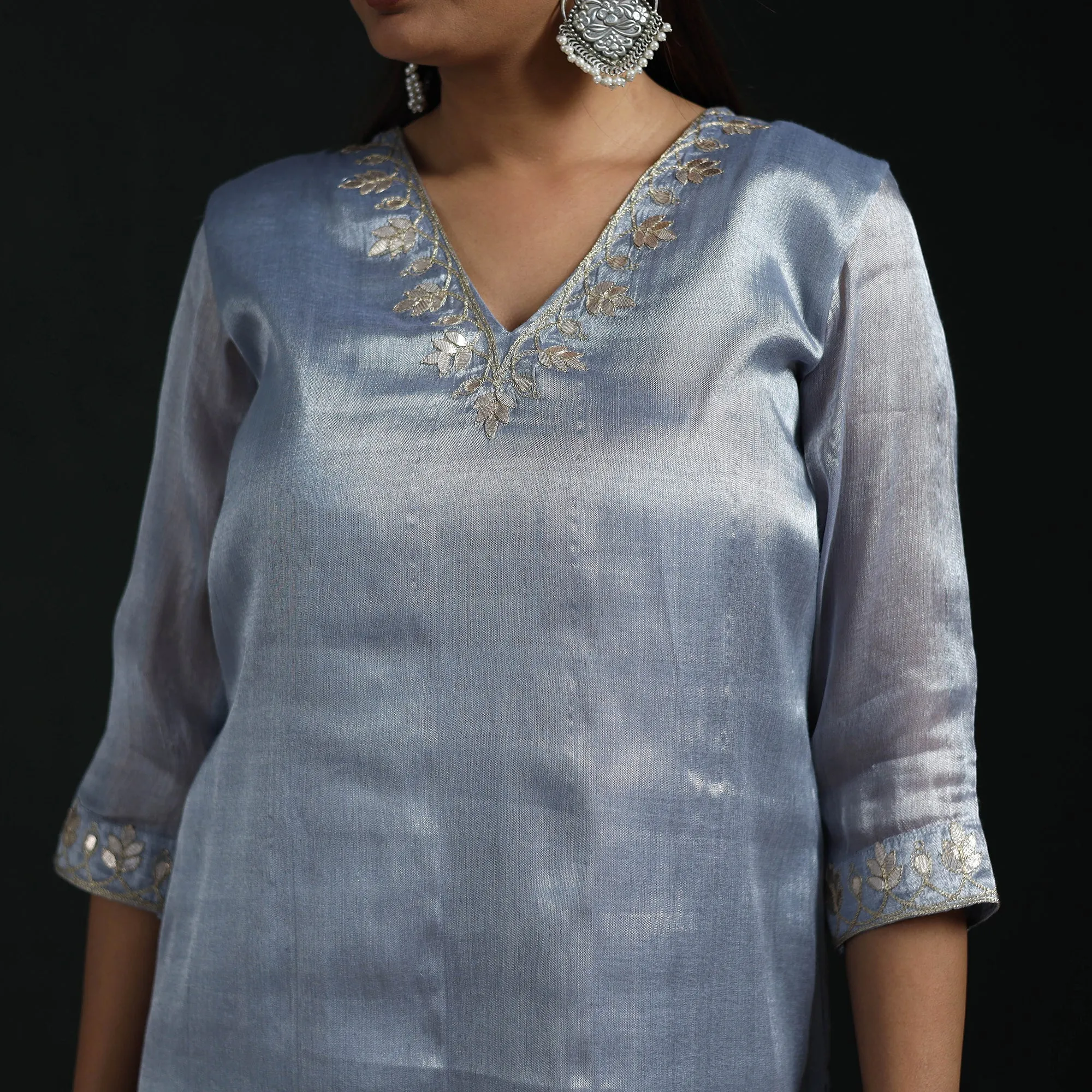 Blue - Gota Work Fine Tissue Zari Straight Plain Kurta for women 10 sold by Itokri product image thumbnail 4