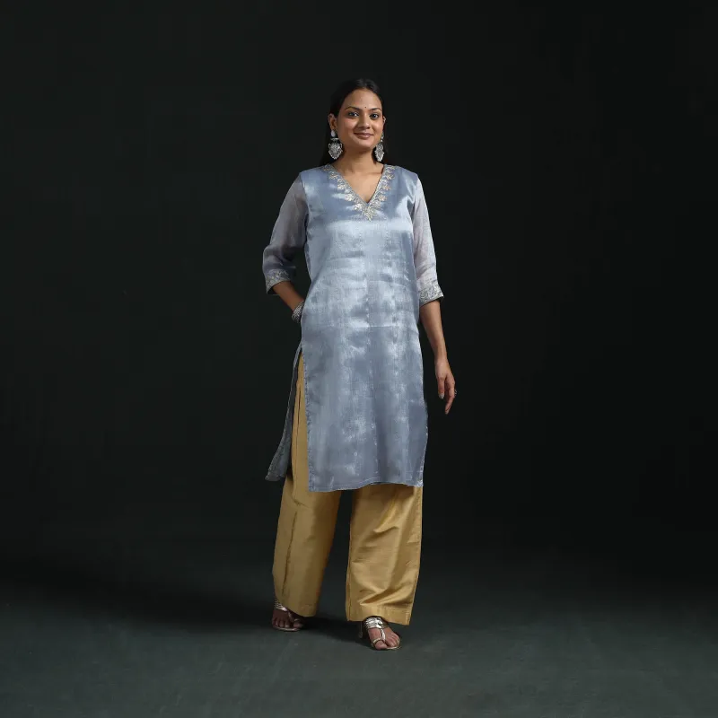 Blue - Gota Work Fine Tissue Zari Straight Plain Kurta for women 10 made by Itokri