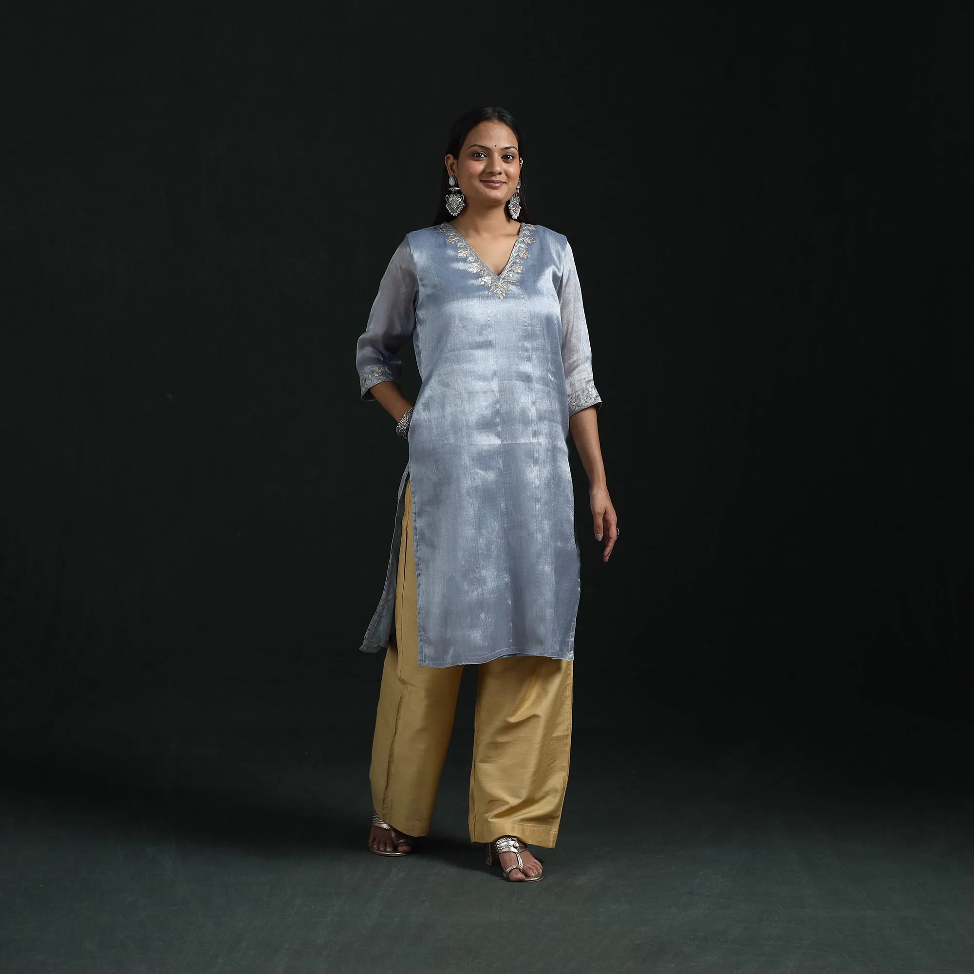 Blue - Gota Work Fine Tissue Zari Straight Plain Kurta for women 10 sold by Itokri