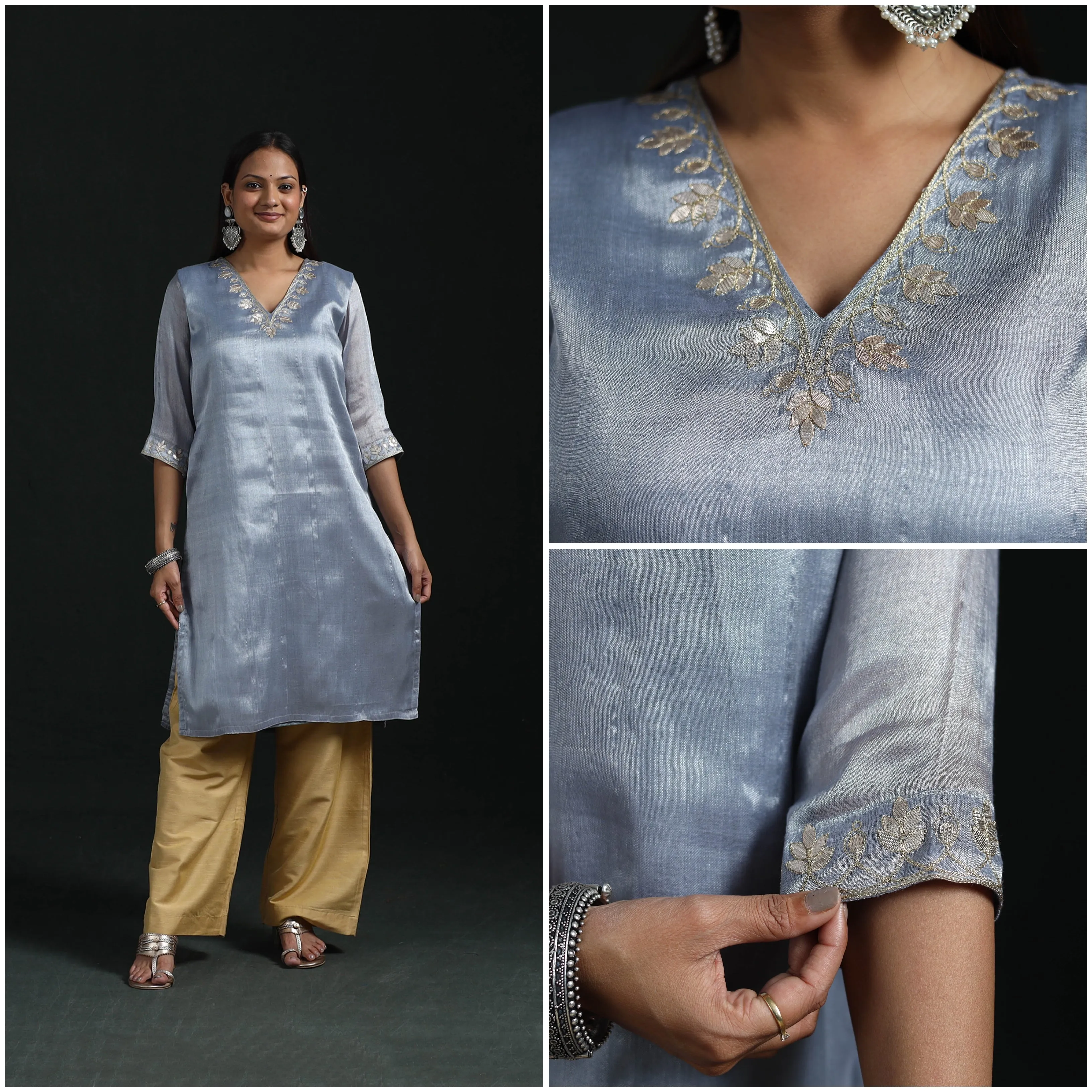 Blue - Gota Work Fine Tissue Zari Straight Plain Kurta for women 10 sold by Itokri product image thumbnail 3