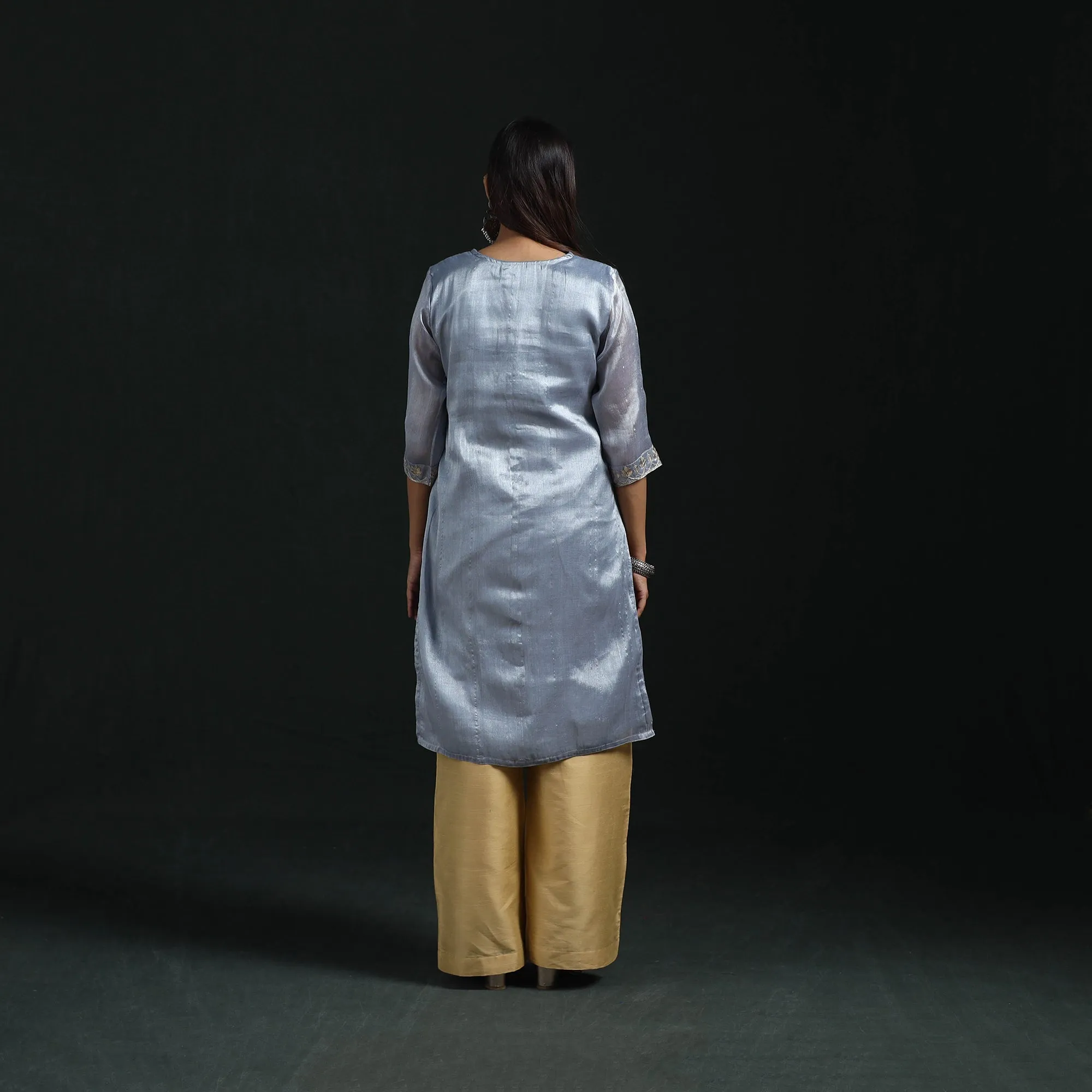 Blue - Gota Work Fine Tissue Zari Straight Plain Kurta for women 10 sold by Itokri product image thumbnail 5