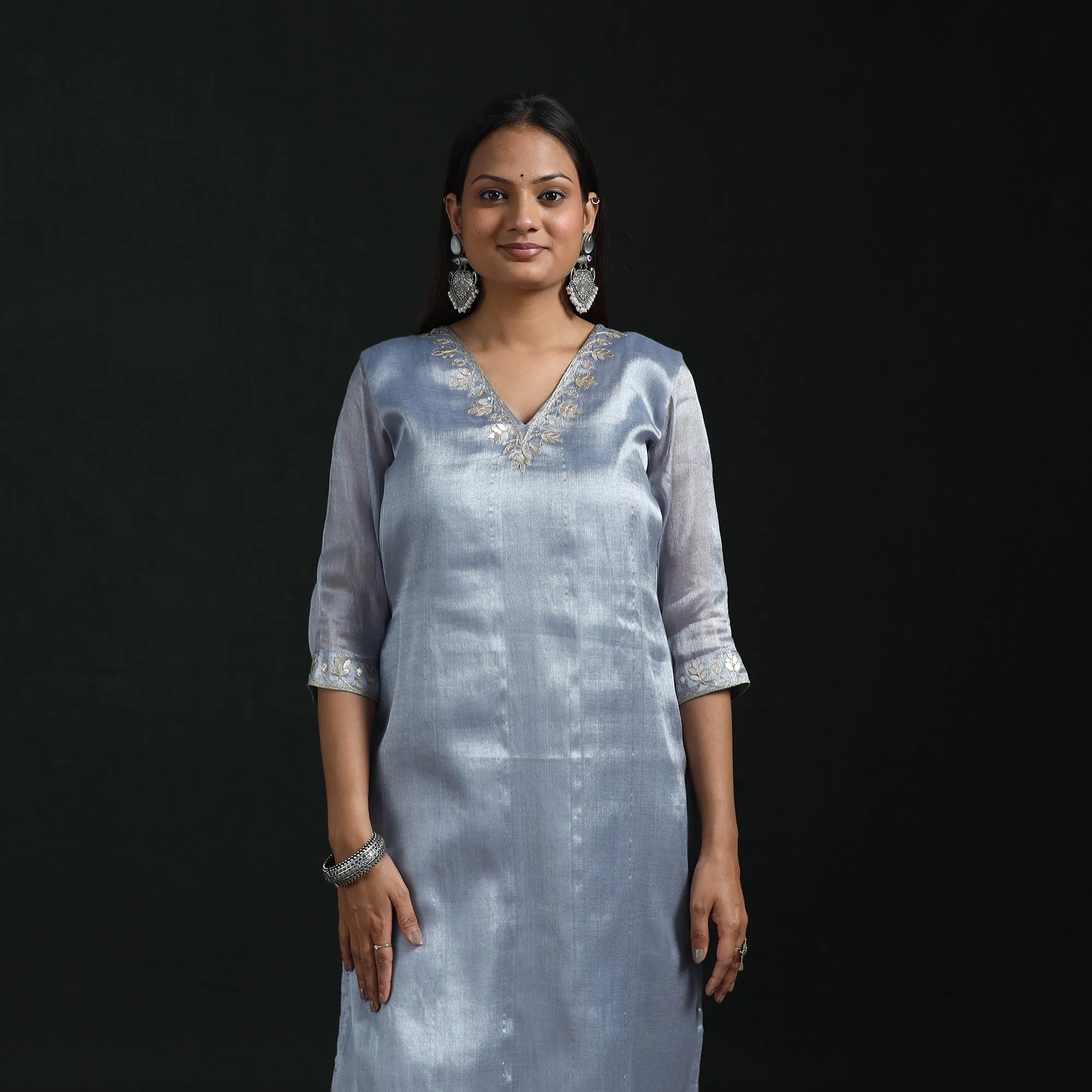 Blue - Gota Work Fine Tissue Zari Straight Plain Kurta for women 10 sold by Itokri product image thumbnail 2