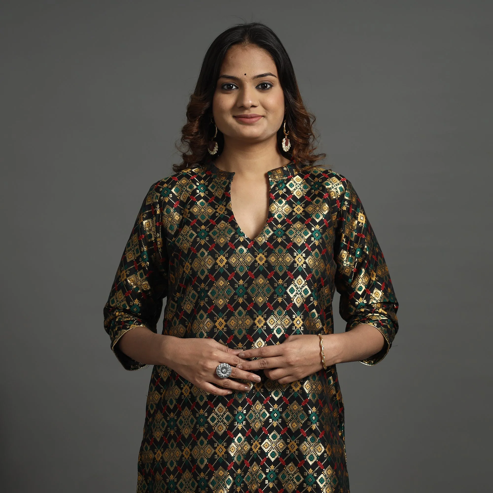 Black - Elegant Banarasi Brocade Silk Kurta with Pant Set sold by Itokri product image thumbnail 2