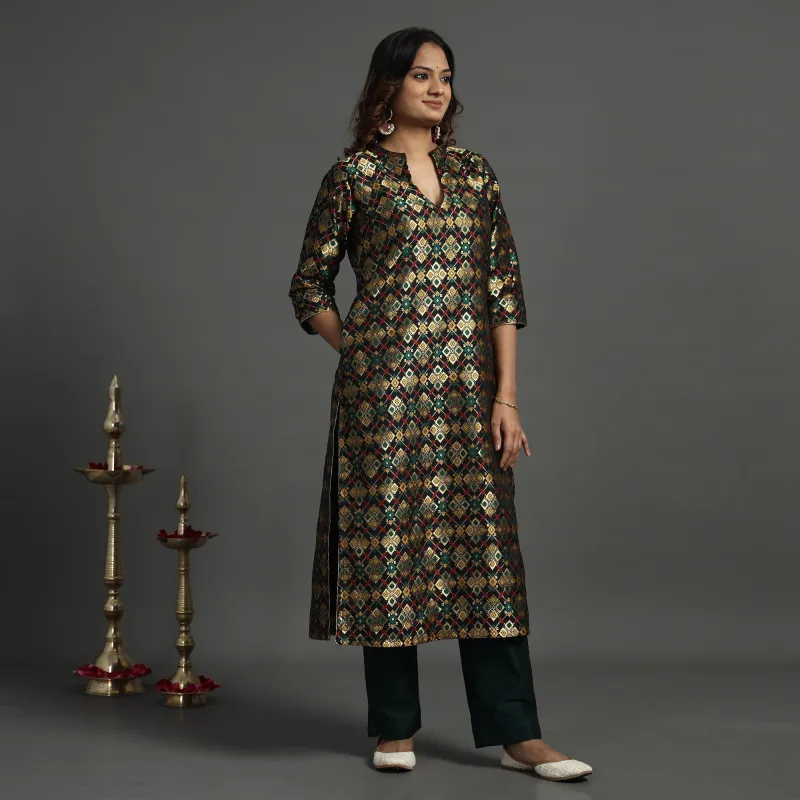 Black - Elegant Banarasi Brocade Silk Kurta with Pant Set made by Itokri