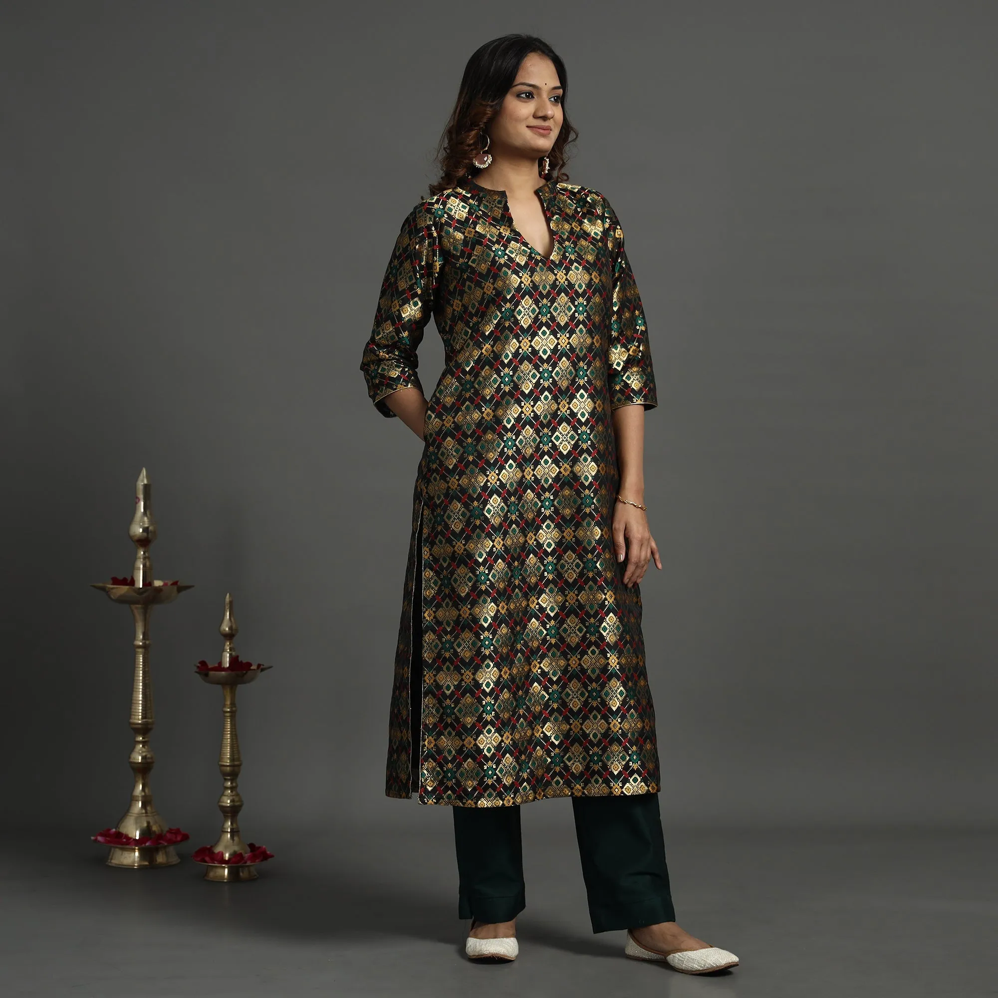 Black - Elegant Banarasi Brocade Silk Kurta with Pant Set sold by Itokri
