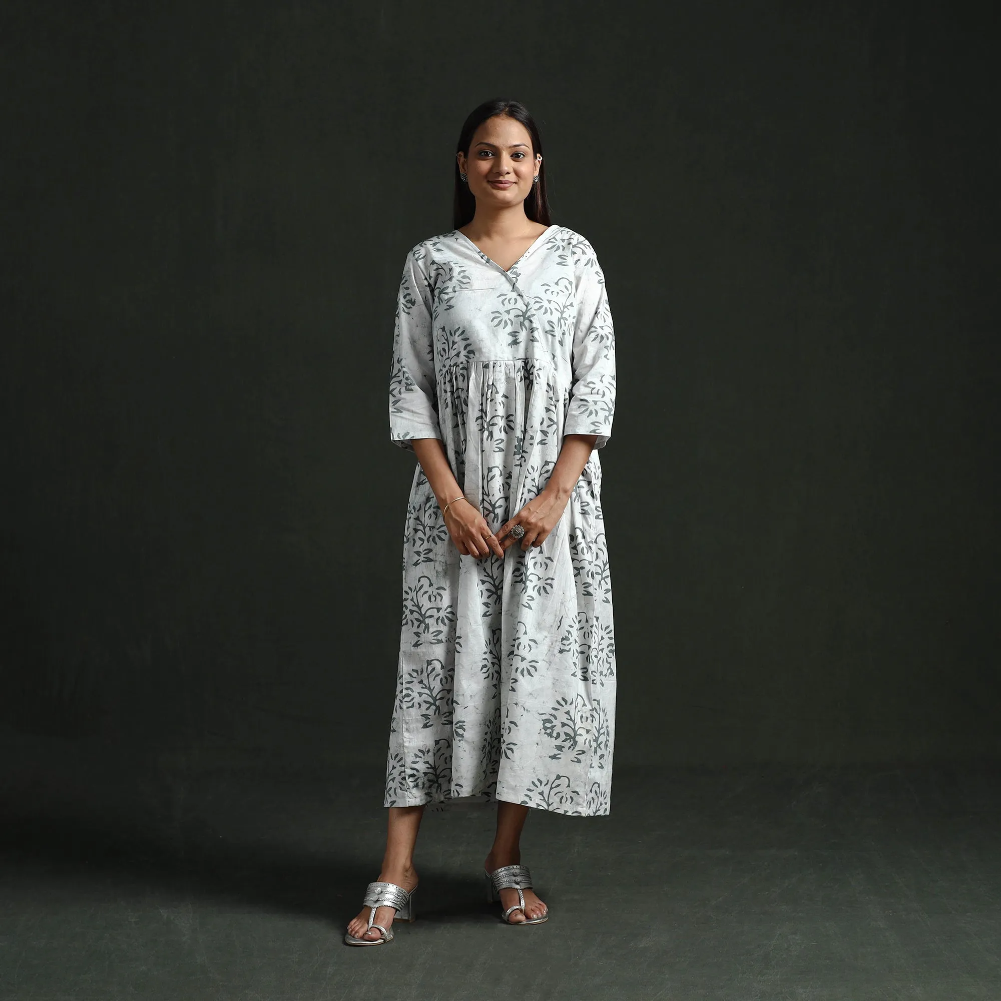 White - Flared Angrakha Cotton Hand Block Batik Print Dress 08 sold by Itokri