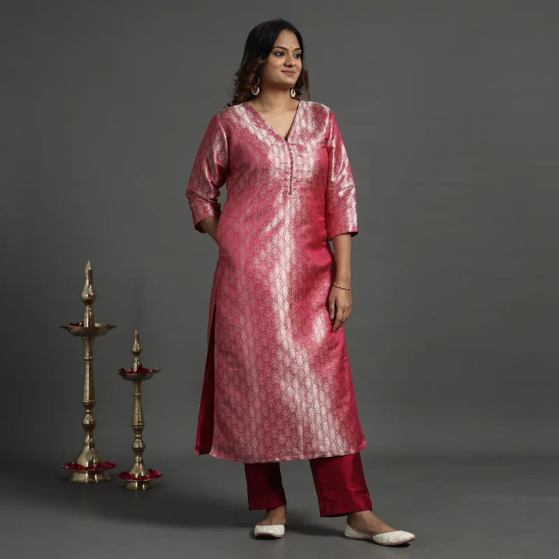 Pink - Elegant Banarasi Brocade Silk Kurta with Pant Set made by Itokri