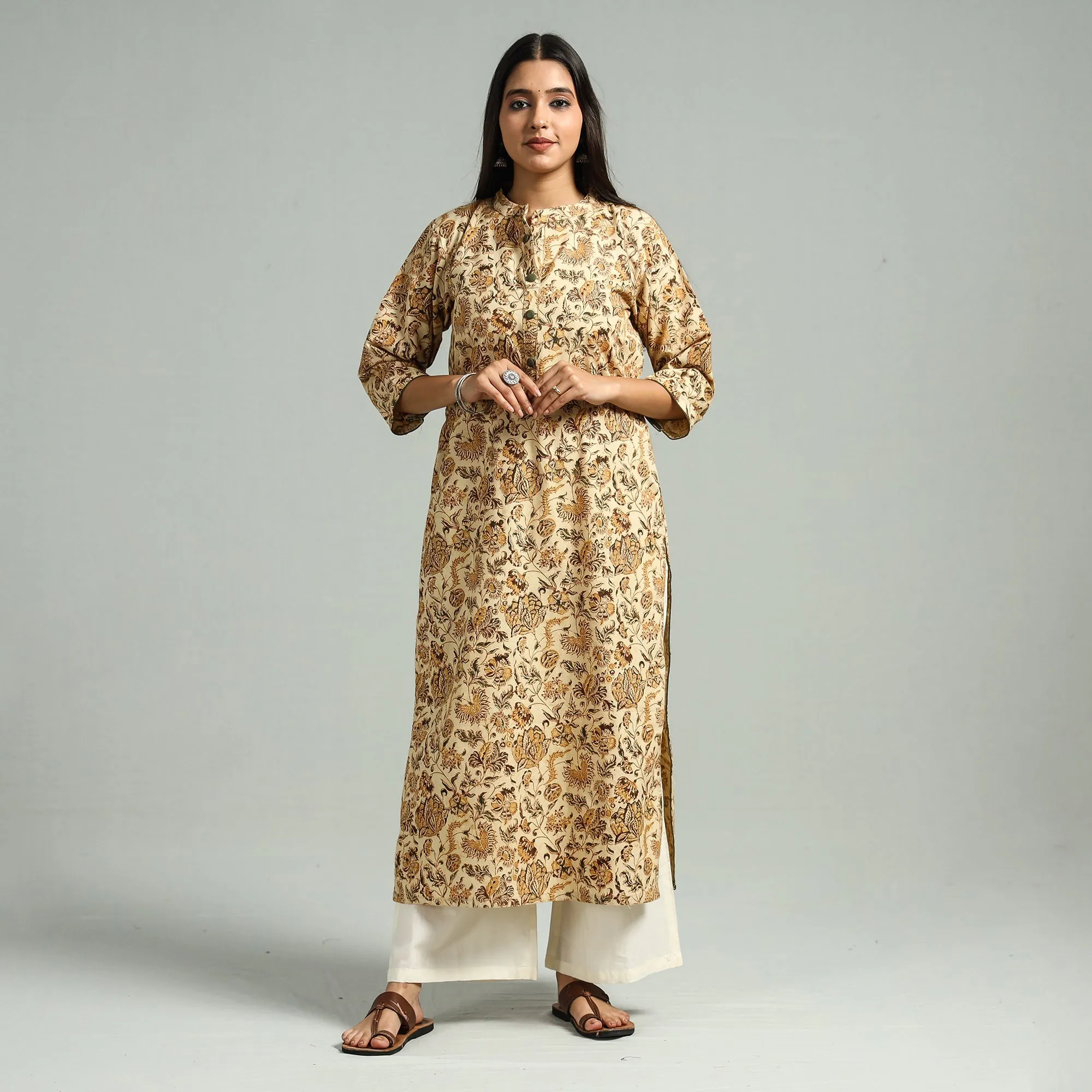 Beige - Pedana Kalamkari Hand Block Printed Cotton Straight Kurta 58 sold by Itokri product image thumbnail 2