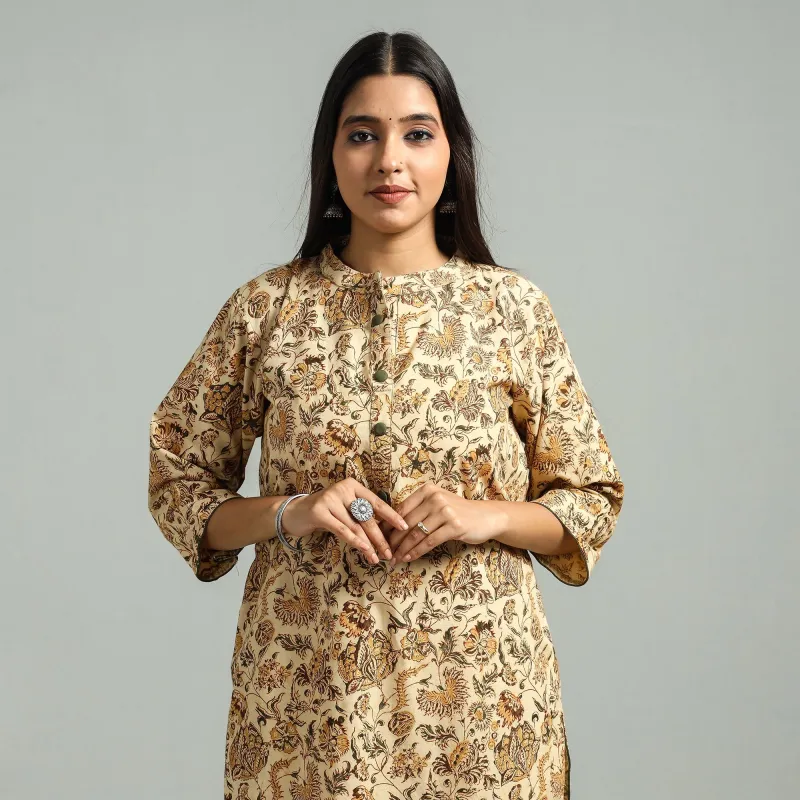 Beige - Pedana Kalamkari Hand Block Printed Cotton Straight Kurta 58 made by Itokri