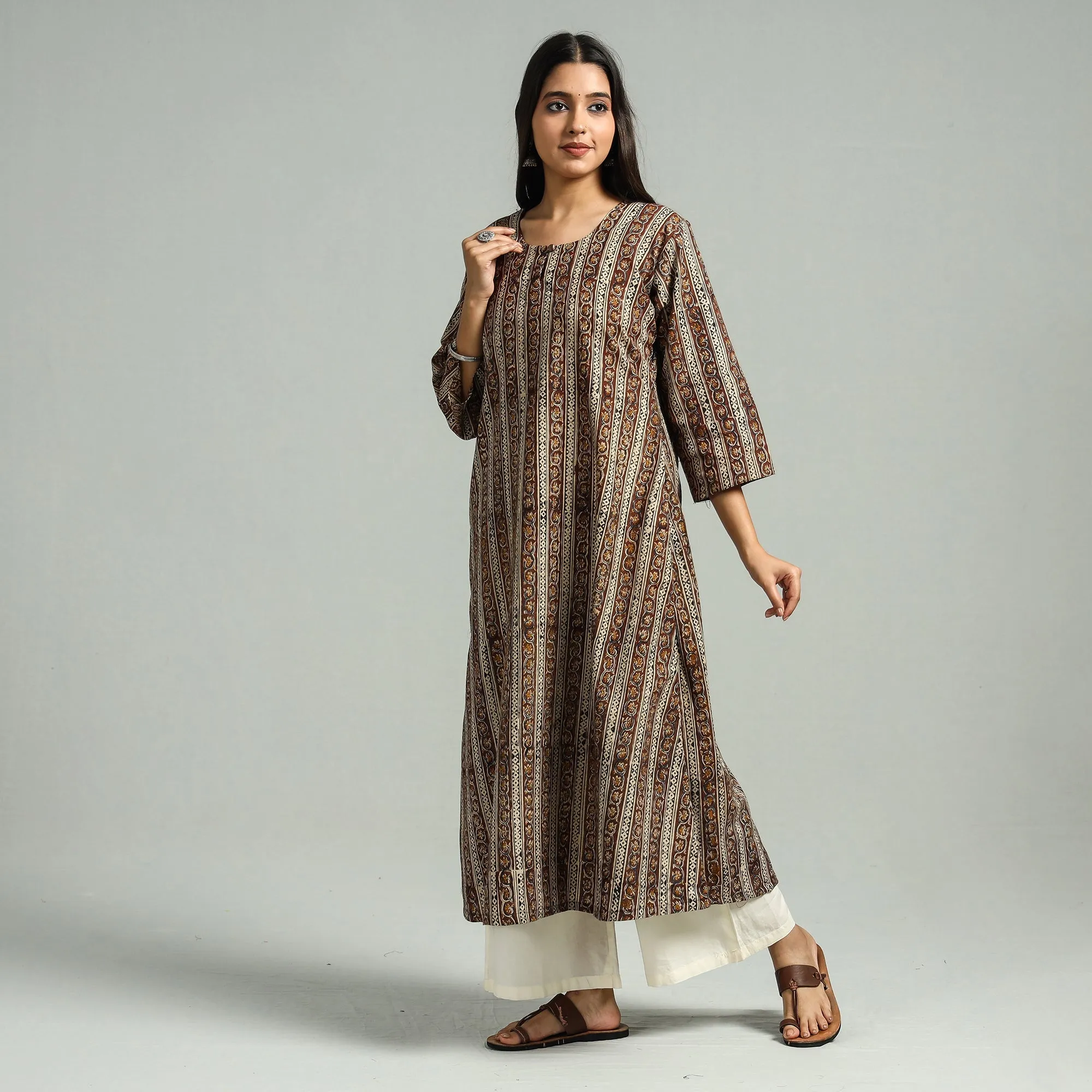 Brown - Kalamkari Hand Block Printed Cotton A-Line Kurta sold by Itokri product image thumbnail 3