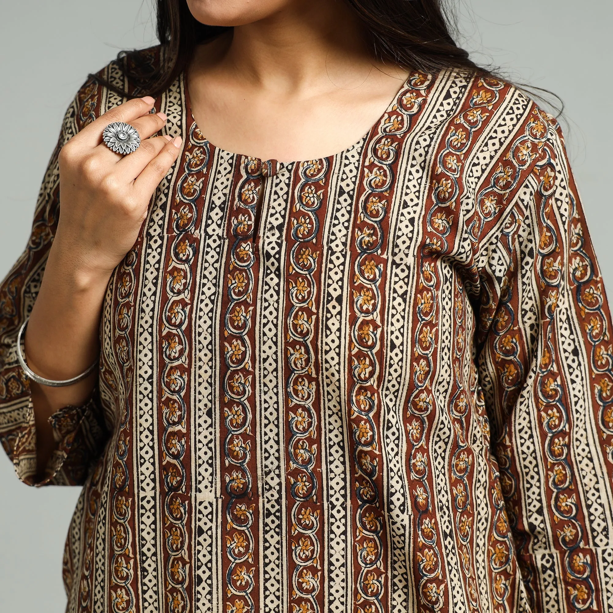 Brown - Kalamkari Hand Block Printed Cotton A-Line Kurta sold by Itokri product image thumbnail 4