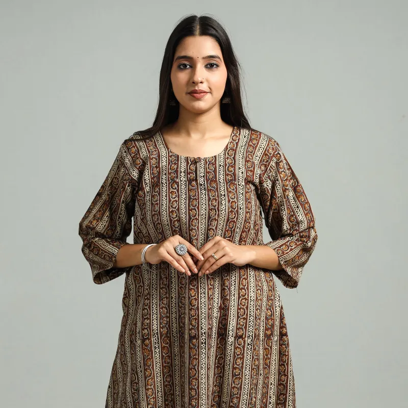 Brown - Kalamkari Hand Block Printed Cotton A-Line Kurta sold by Itokri