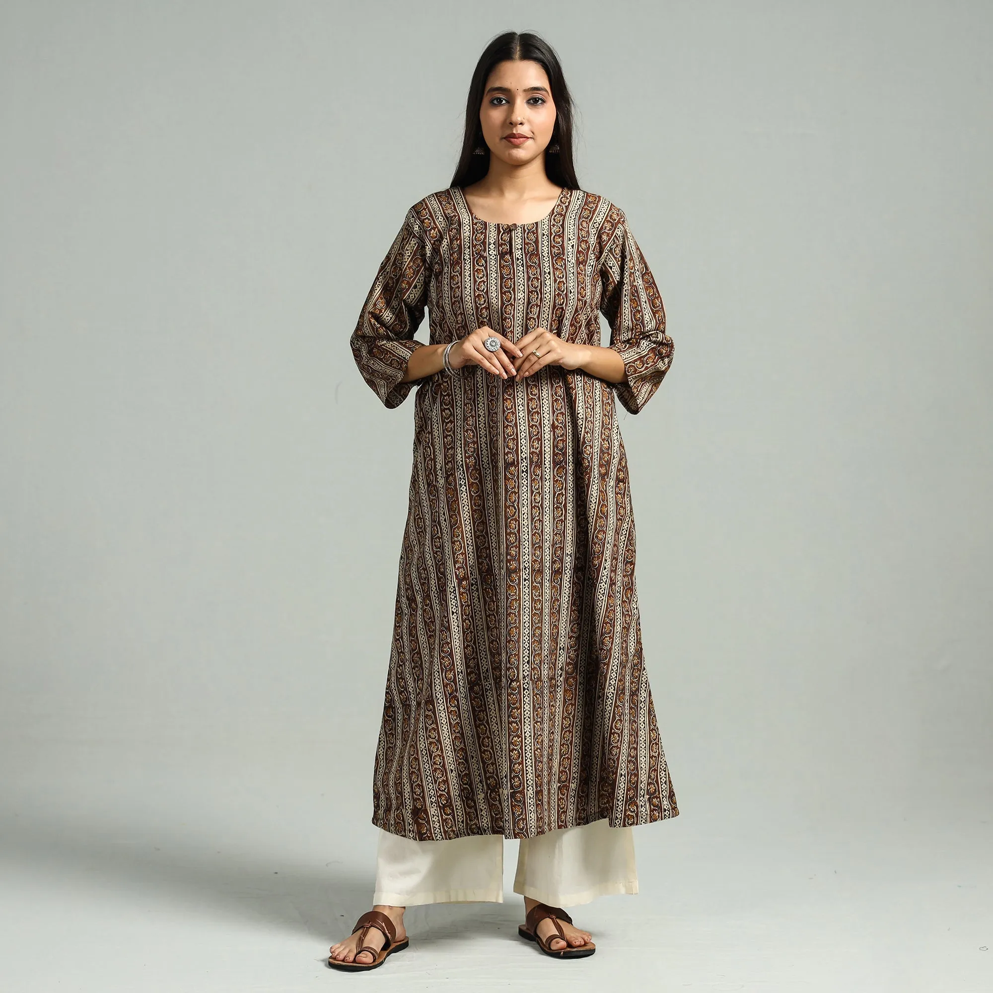 Brown - Kalamkari Hand Block Printed Cotton A-Line Kurta sold by Itokri product image thumbnail 2
