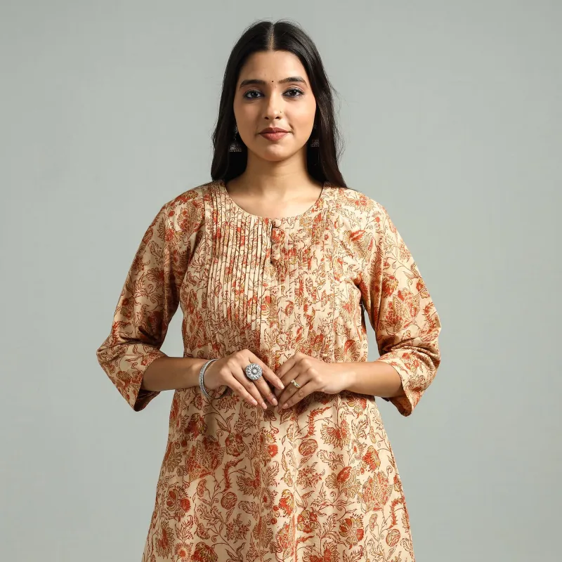 Beige - Pedana Kalamkari Hand Block Printed Cotton Pintuck A-Line Kurta sold by Itokri