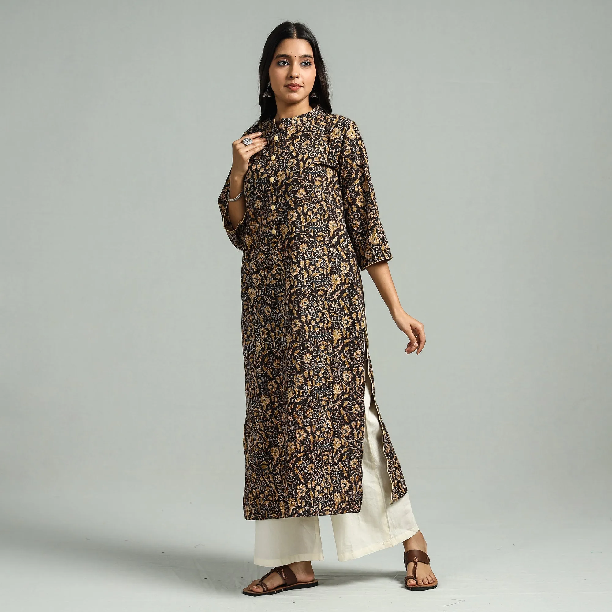 Black - Pedana Kalamkari Hand Block Printed Cotton Straight Kurta sold by Itokri product image thumbnail 3