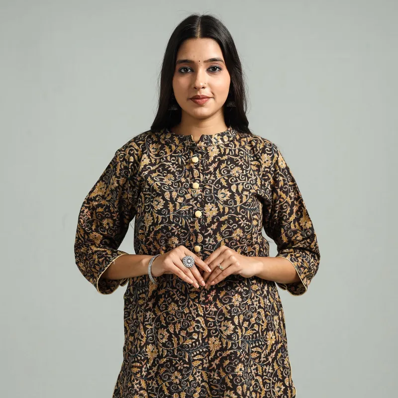 Black - Pedana Kalamkari Hand Block Printed Cotton Straight Kurta made by Itokri