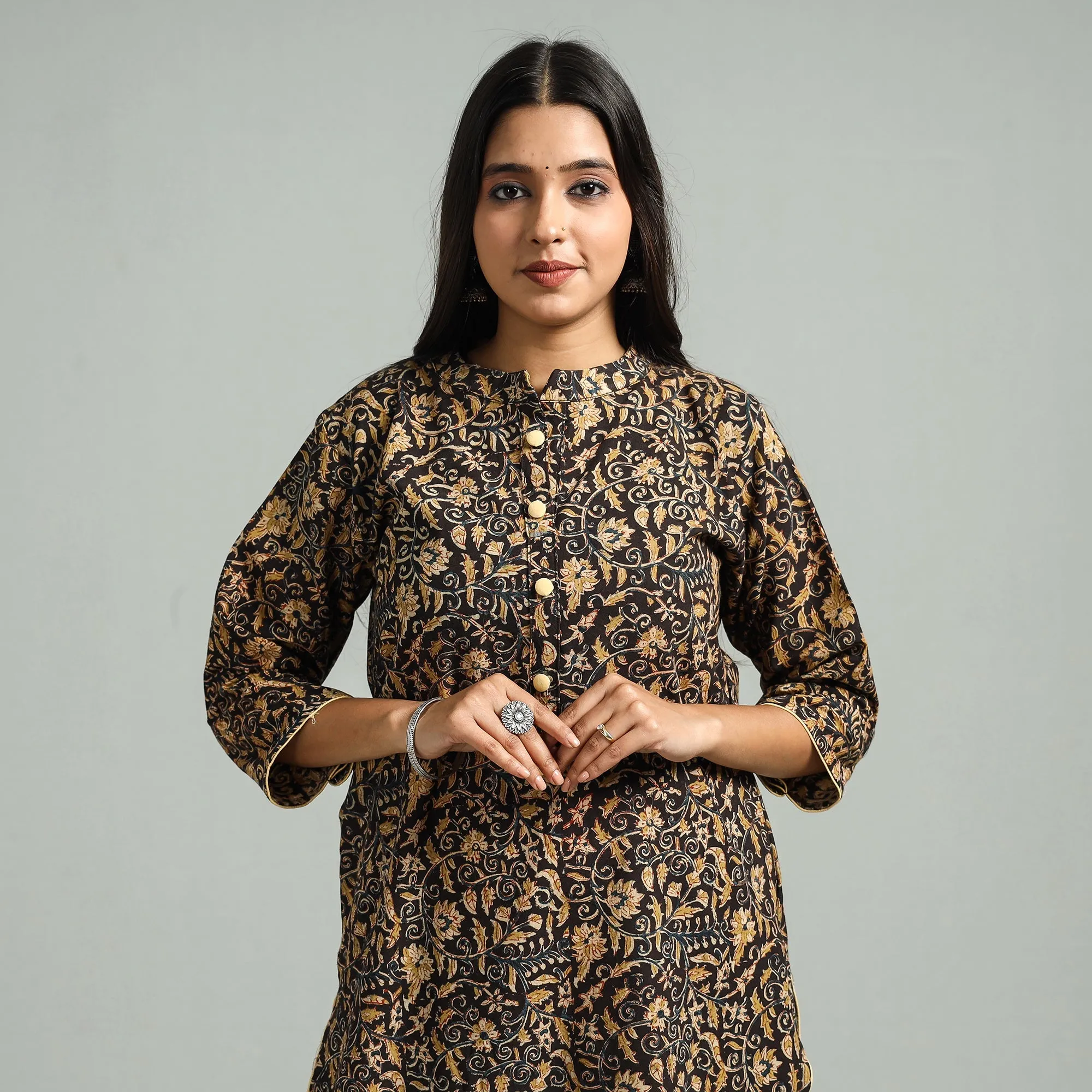 Black - Pedana Kalamkari Hand Block Printed Cotton Straight Kurta sold by Itokri