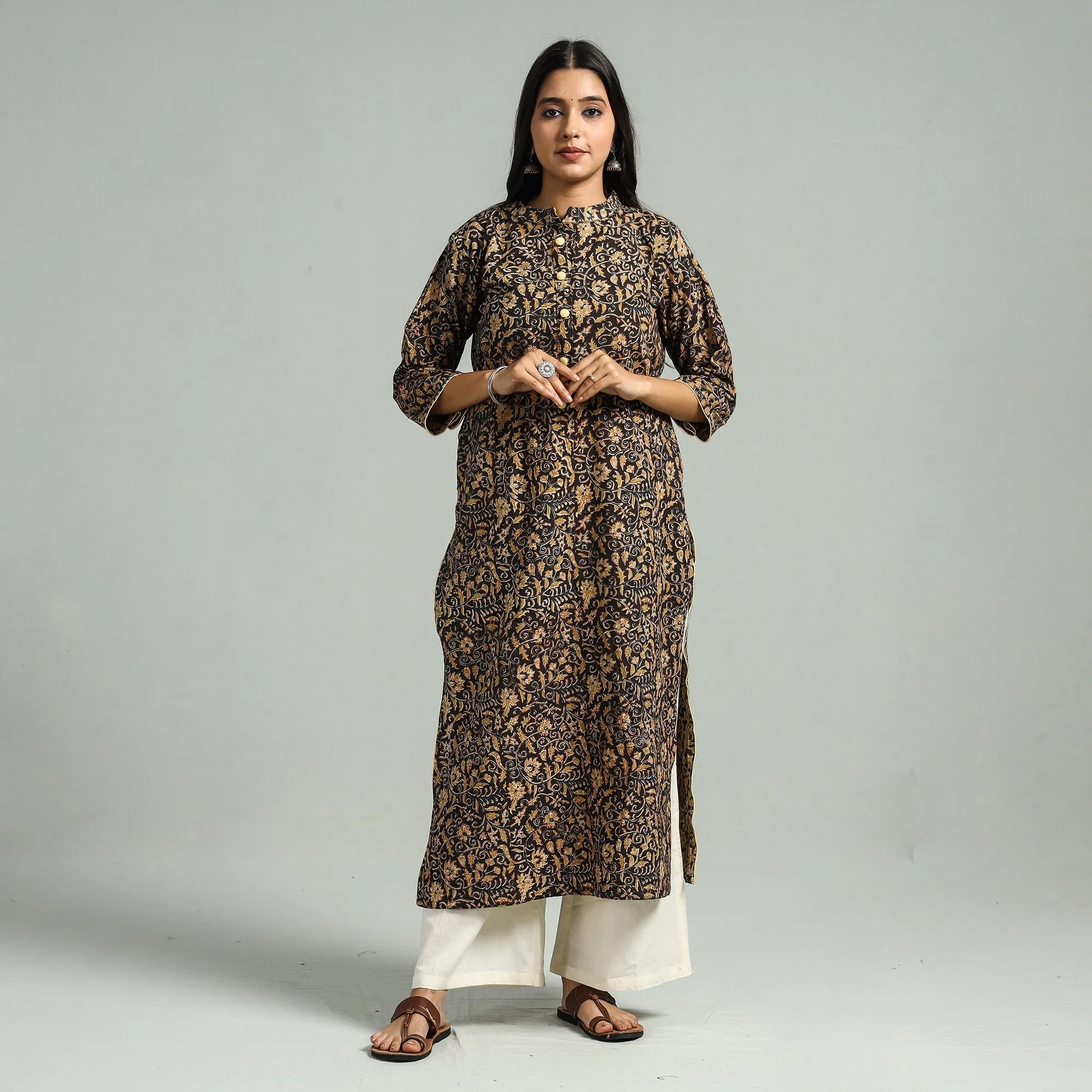 Black - Pedana Kalamkari Hand Block Printed Cotton Straight Kurta sold by Itokri product image thumbnail 2