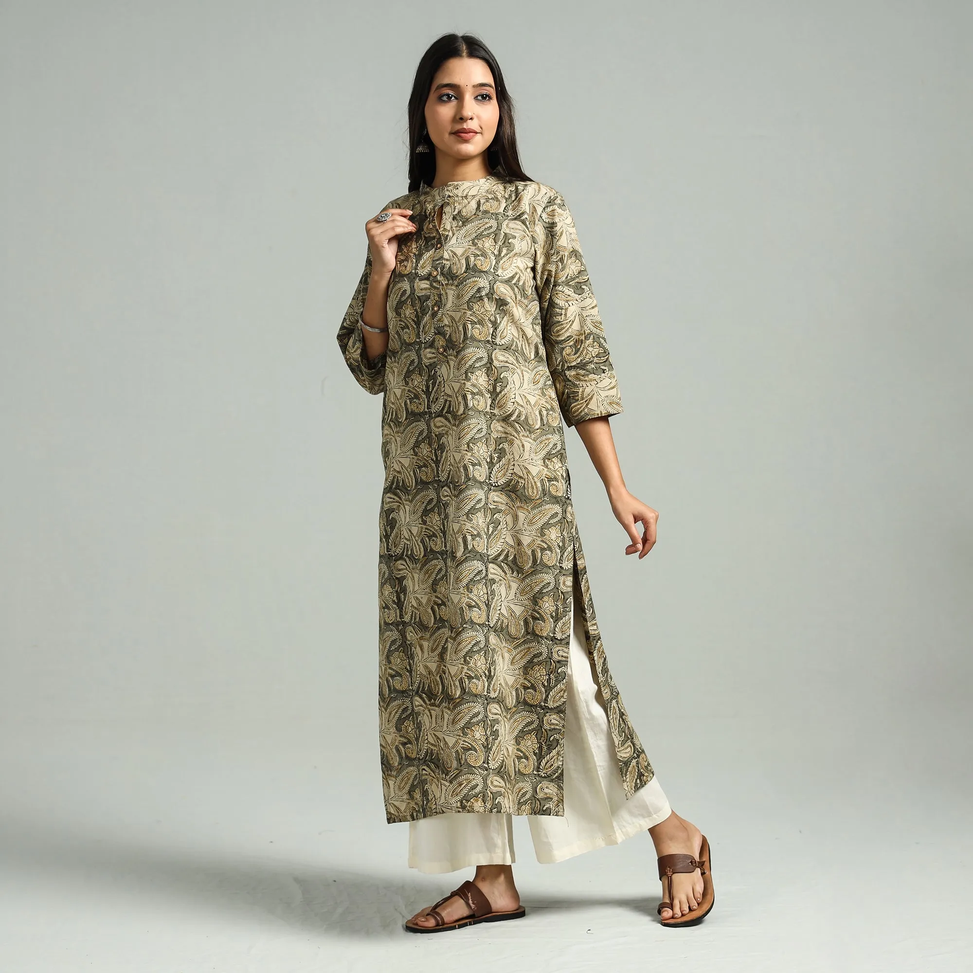Brown - Kalamkari Hand Block Printed Cotton Straight Kurta sold by Itokri product image thumbnail 3