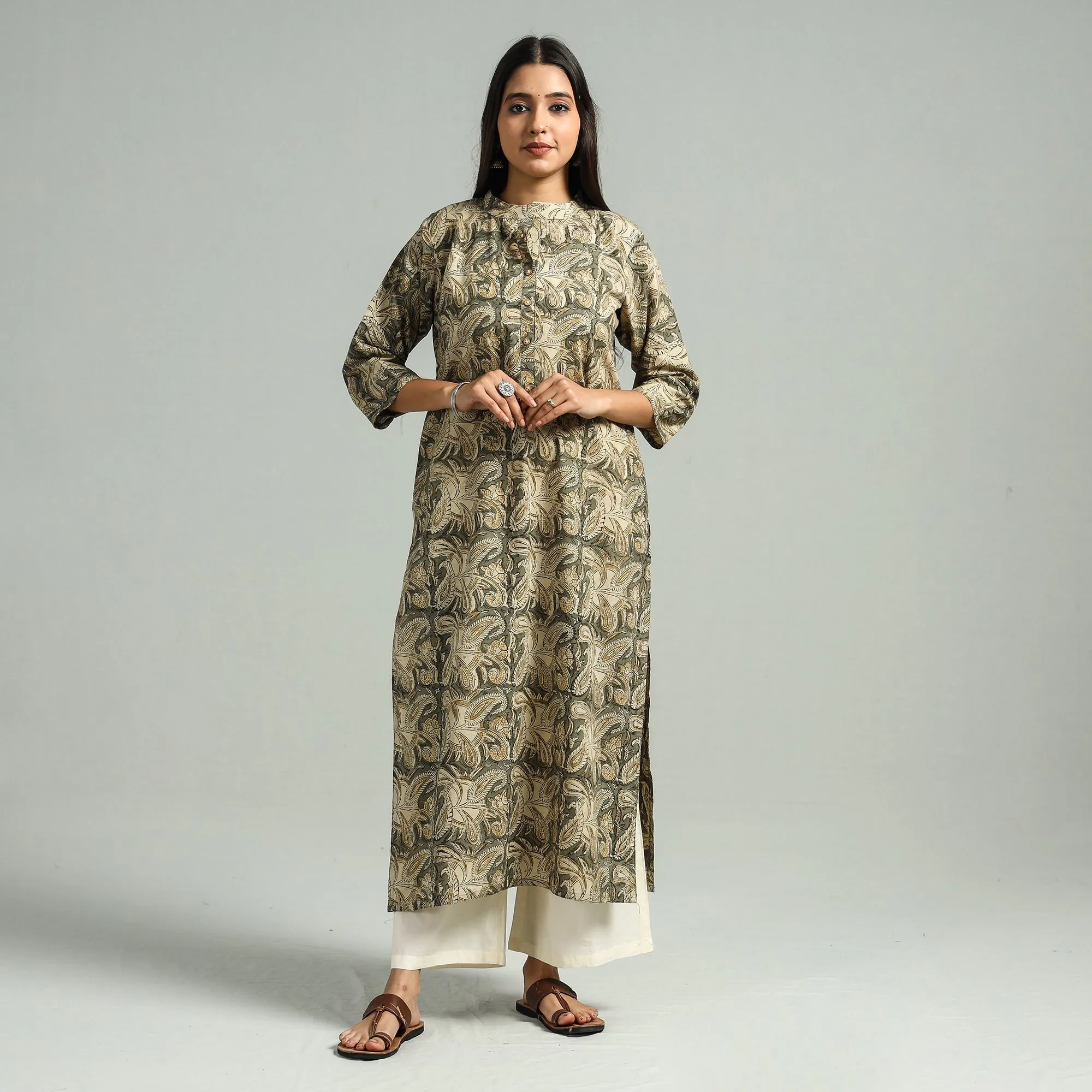 Brown - Kalamkari Hand Block Printed Cotton Straight Kurta sold by Itokri product image thumbnail 2