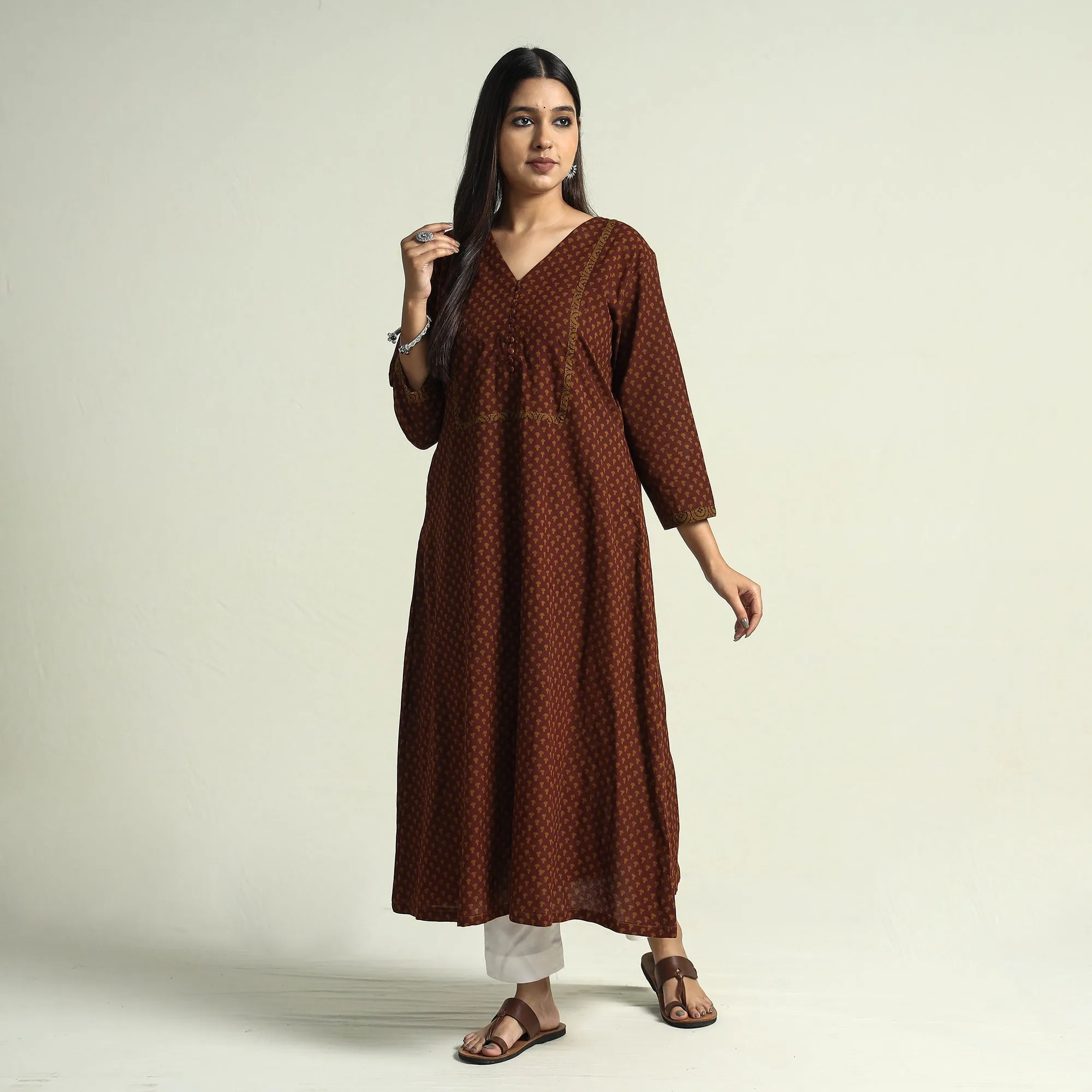 Brown - Block Print Cotton A-Line Bagh Kurta sold by Itokri product image thumbnail 3