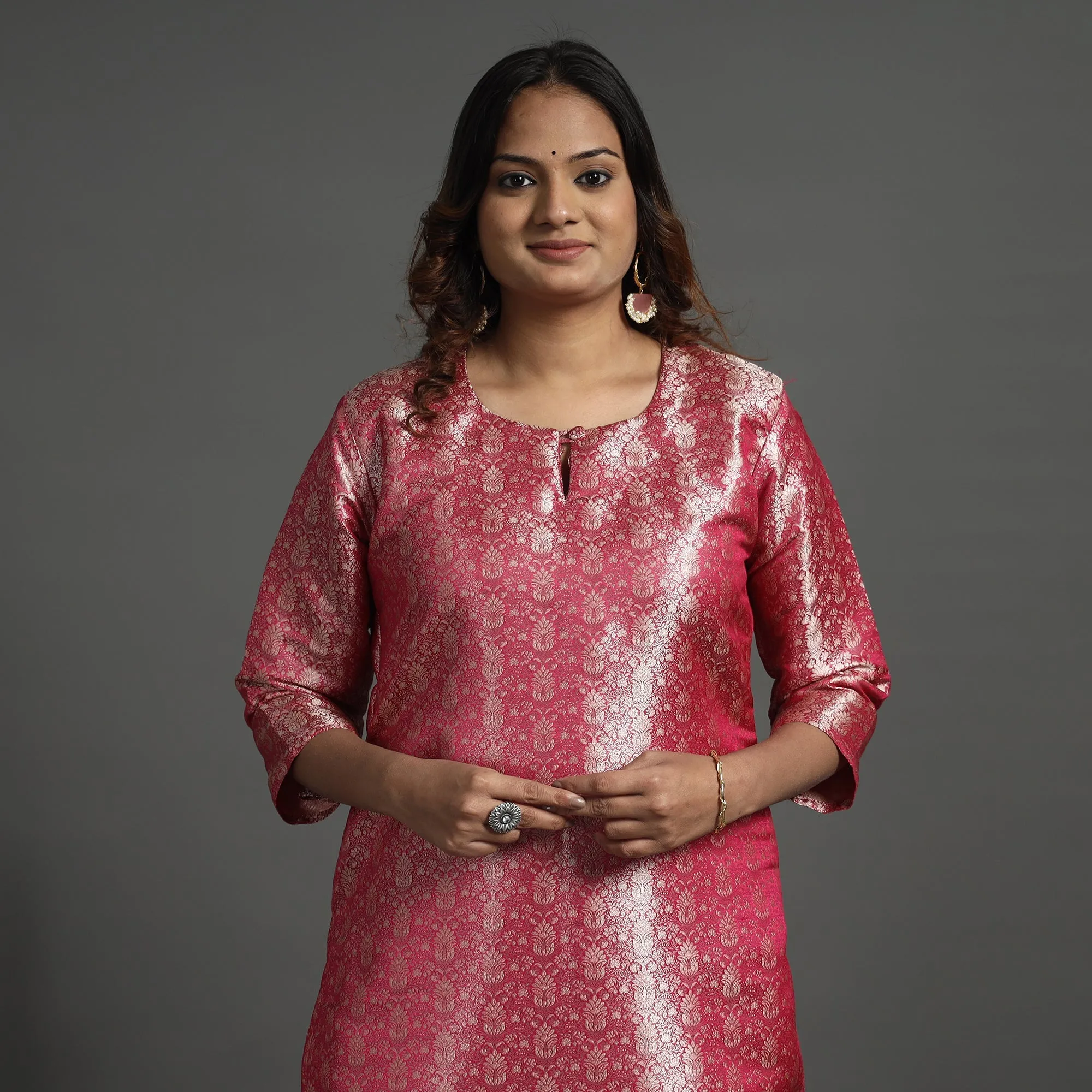 Pink - Elegant Banarasi Brocade Silk Kurta with Pant Set sold by Itokri product image thumbnail 2