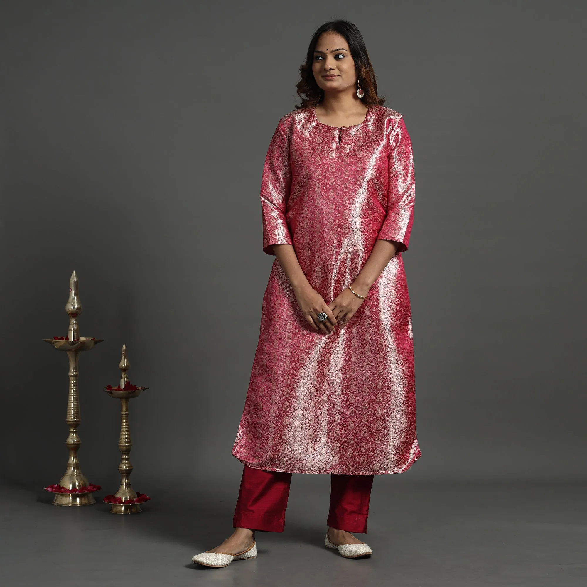 Pink - Elegant Banarasi Brocade Silk Kurta with Pant Set sold by Itokri product image thumbnail 3