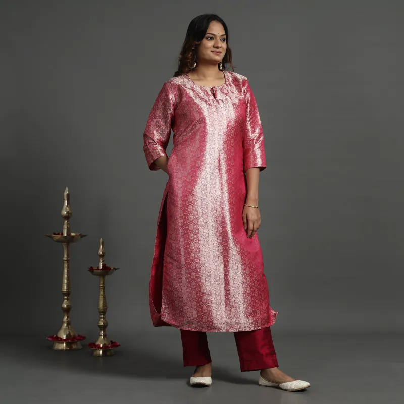 Pink - Elegant Banarasi Brocade Silk Kurta with Pant Set made by Itokri