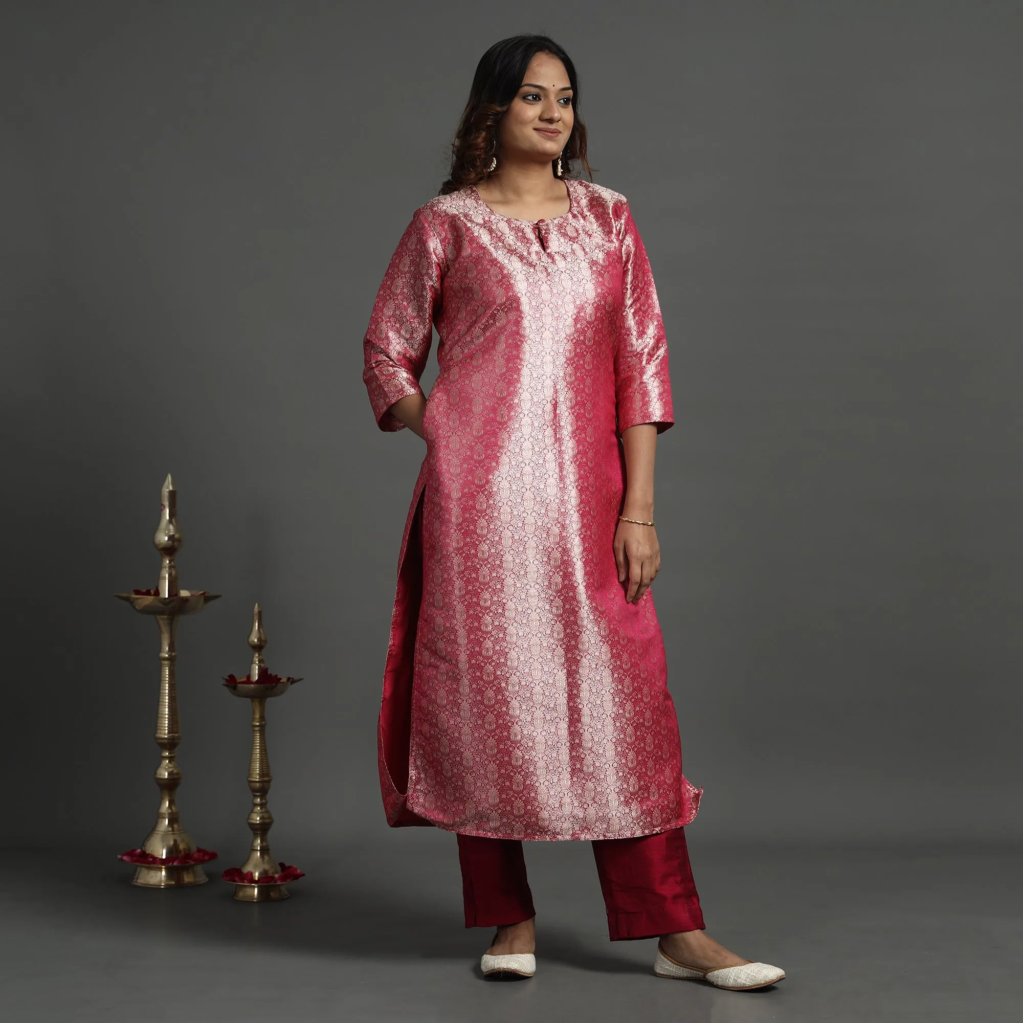 Pink - Elegant Banarasi Brocade Silk Kurta with Pant Set sold by Itokri