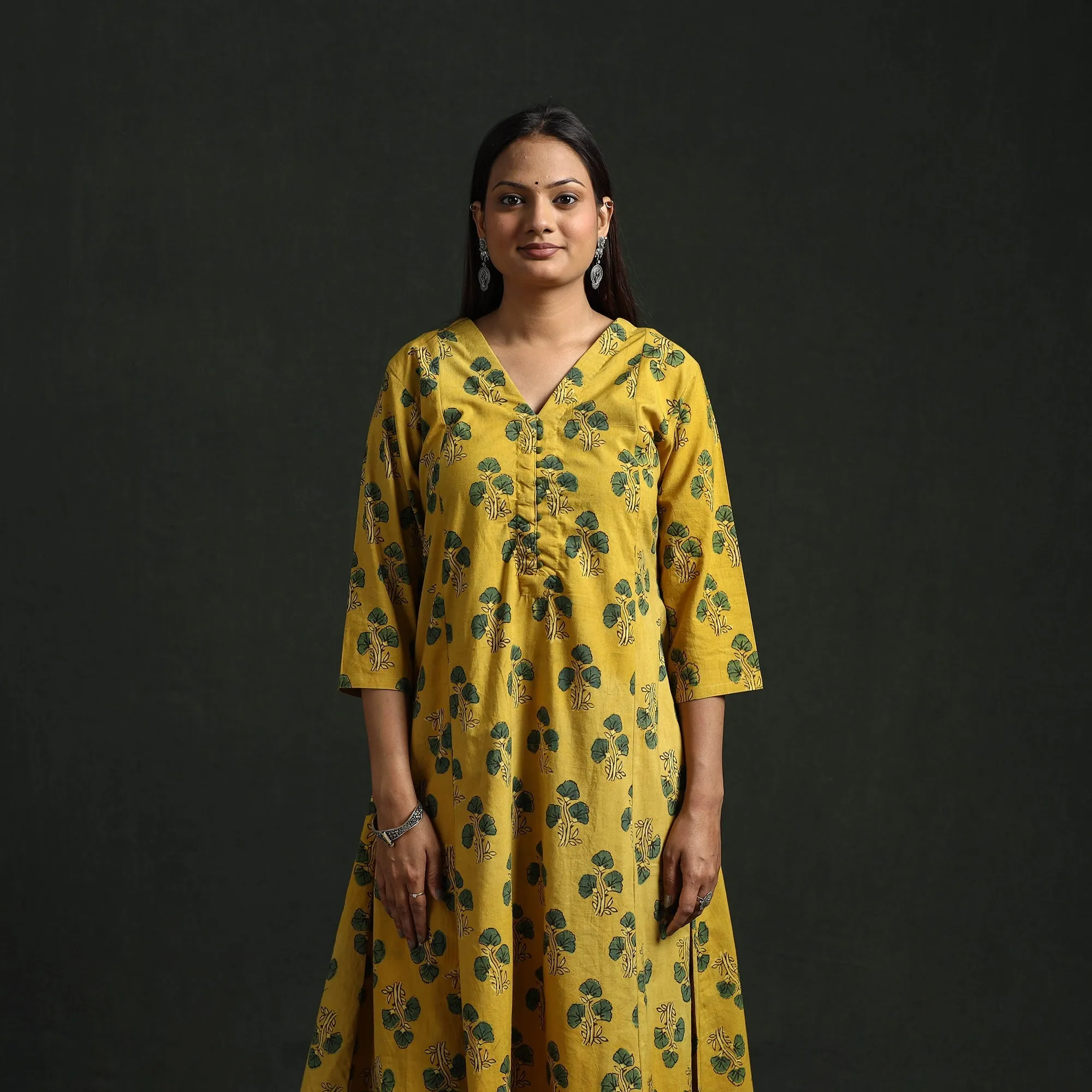 Yellow - Hand Block Print Natural Dyed Cotton A-Line Ajrakh Kurta for women 23 sold by Itokri product image thumbnail 4