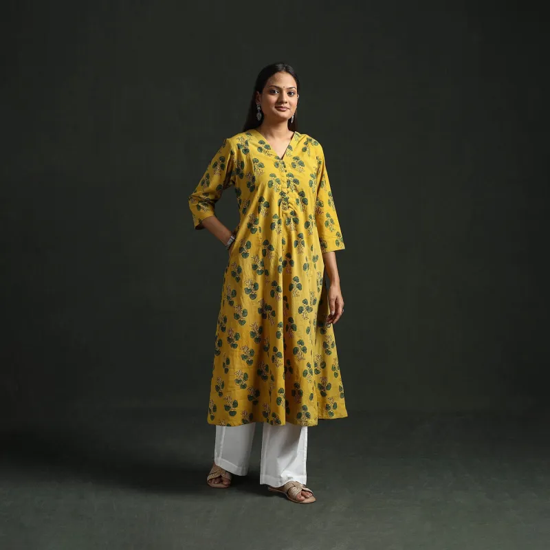 Yellow - Hand Block Print Natural Dyed Cotton A-Line Ajrakh Kurta for women 23 sold by Itokri