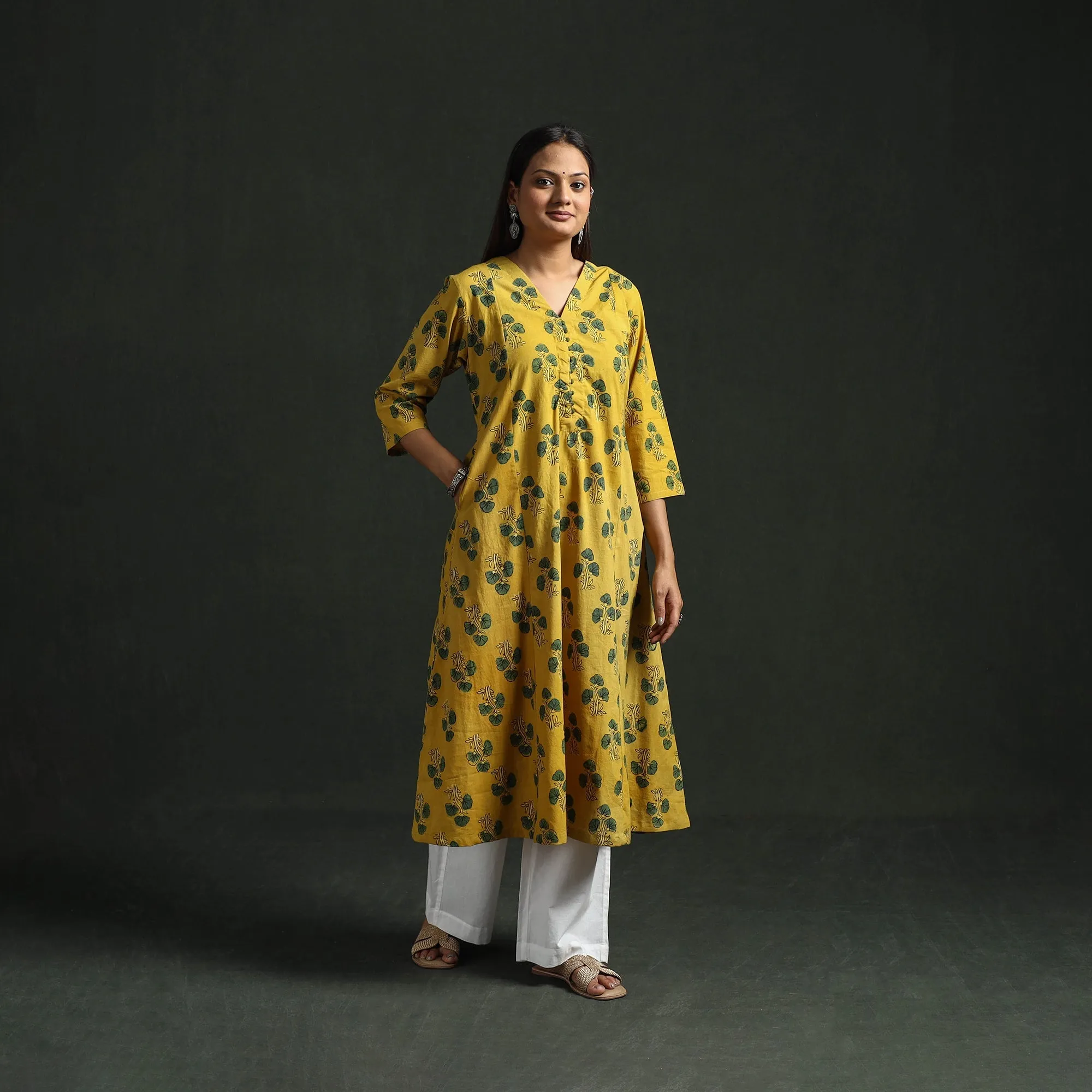 Yellow - Hand Block Print Natural Dyed Cotton A-Line Ajrakh Kurta for women 23 sold by Itokri