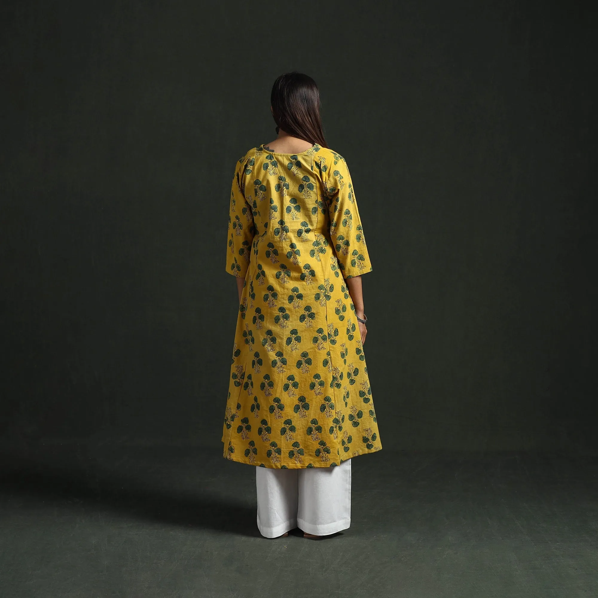Yellow - Hand Block Print Natural Dyed Cotton A-Line Ajrakh Kurta for women 23 sold by Itokri product image thumbnail 5