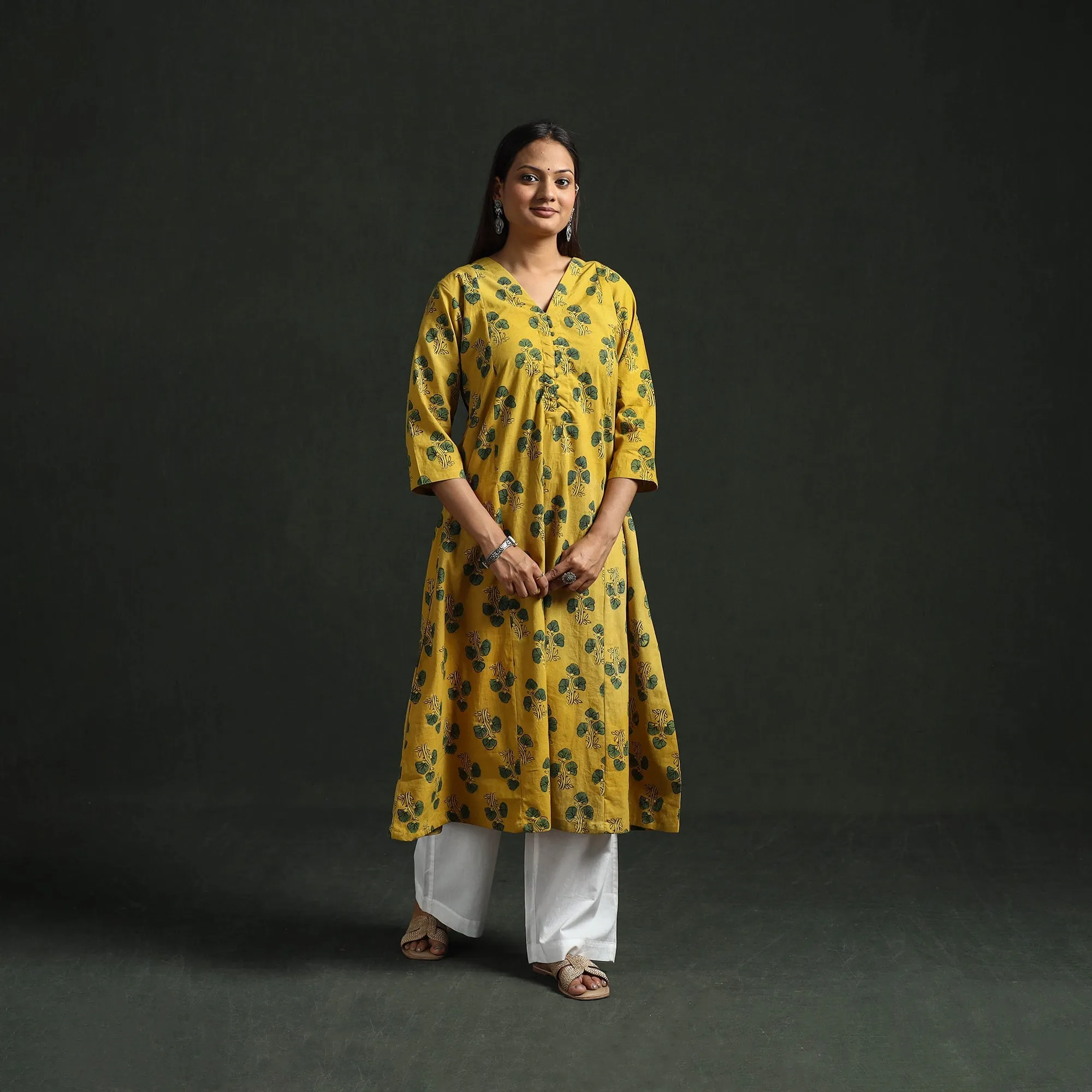 Yellow - Hand Block Print Natural Dyed Cotton A-Line Ajrakh Kurta for women 23 sold by Itokri product image thumbnail 2
