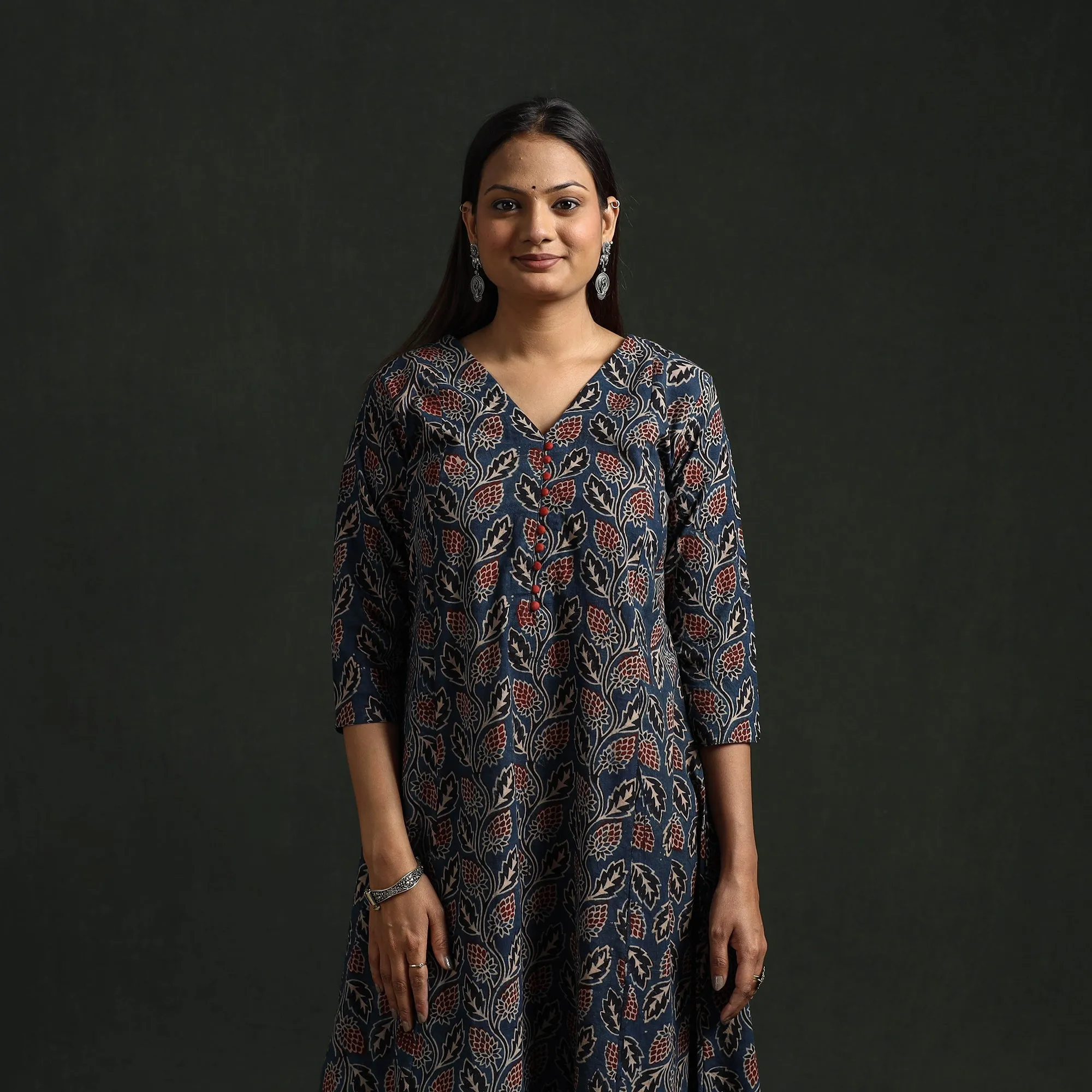 Blue - Hand Block Print Natural Dyed Cotton A-Line Ajrakh Kurta for women 21 sold by Itokri product image thumbnail 4