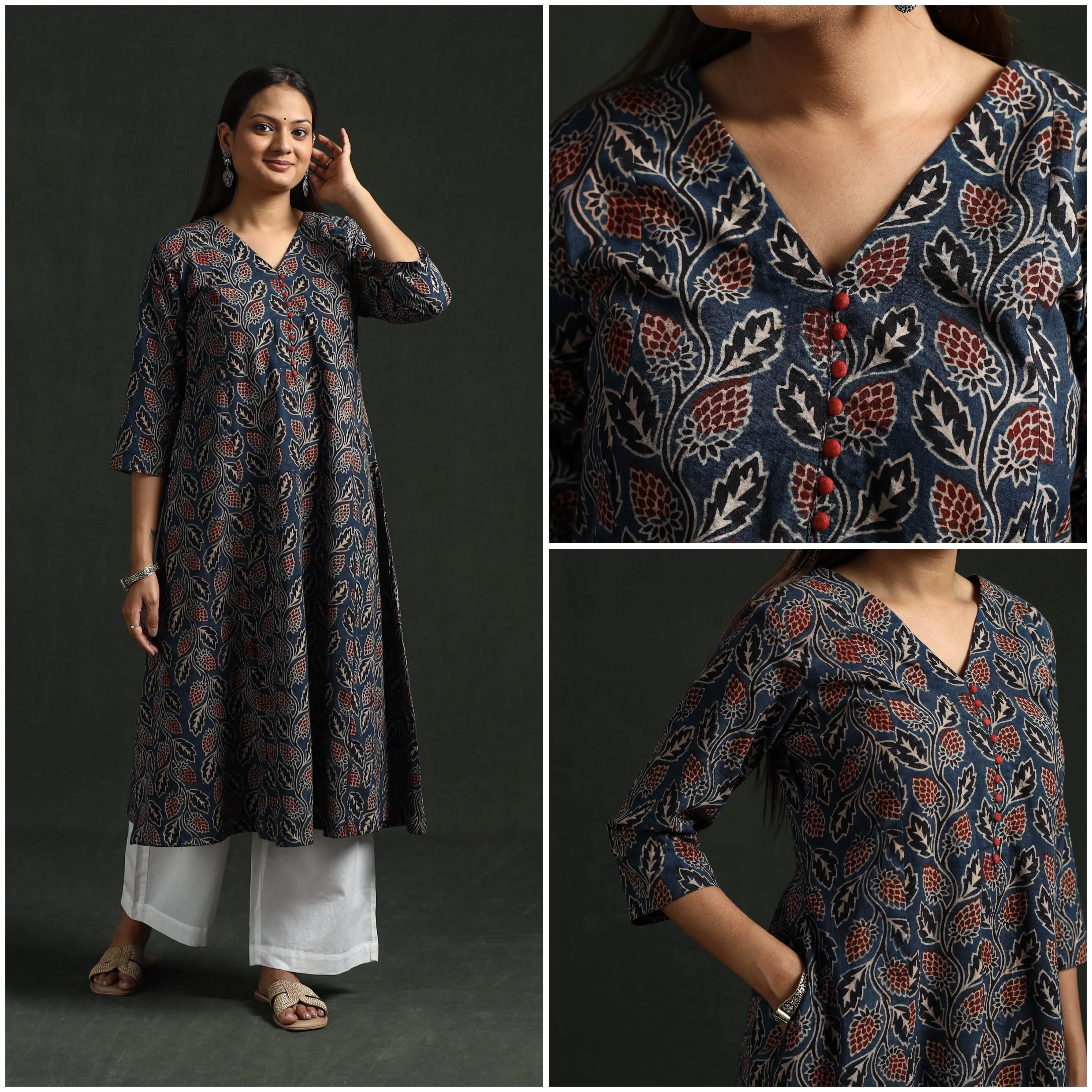 Blue - Hand Block Print Natural Dyed Cotton A-Line Ajrakh Kurta for women 21 sold by Itokri product image thumbnail 3