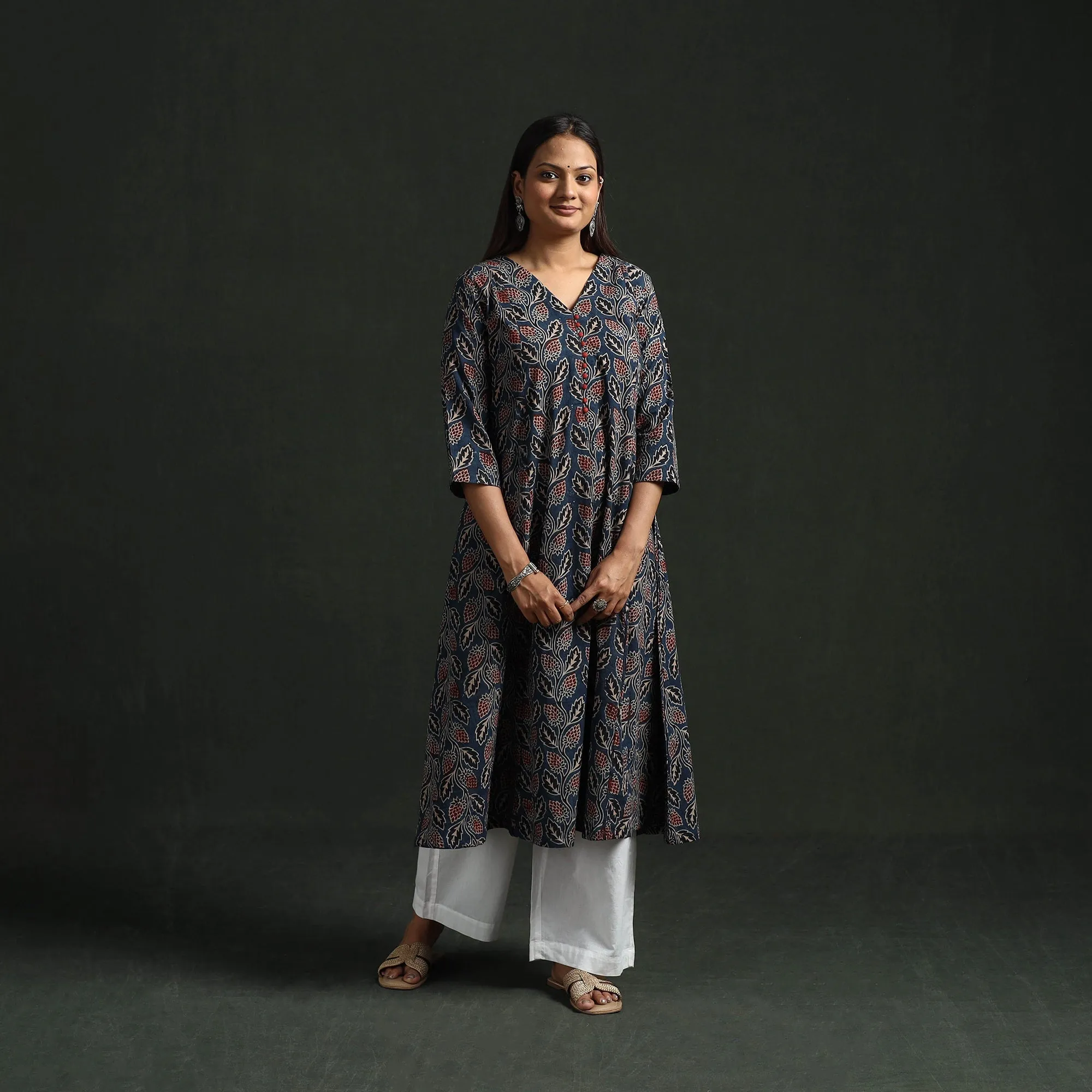 Blue - Hand Block Print Natural Dyed Cotton A-Line Ajrakh Kurta for women 21 sold by Itokri product image thumbnail 2