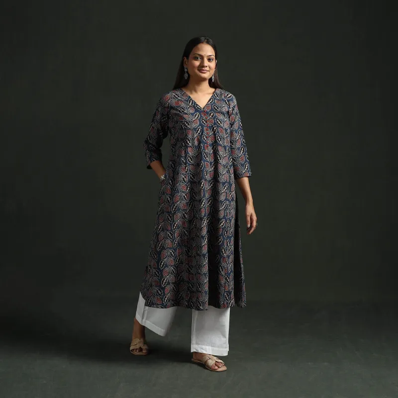 Blue - Hand Block Print Natural Dyed Cotton A-Line Ajrakh Kurta for women 21 sold by Itokri