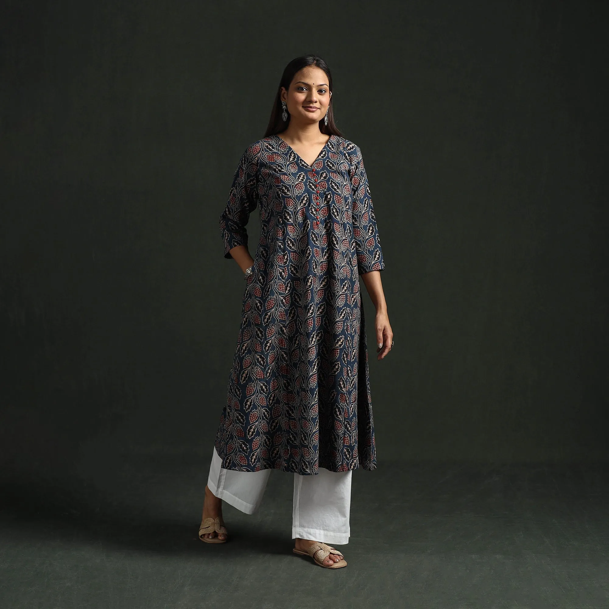 Blue - Hand Block Print Natural Dyed Cotton A-Line Ajrakh Kurta for women 21 sold by Itokri