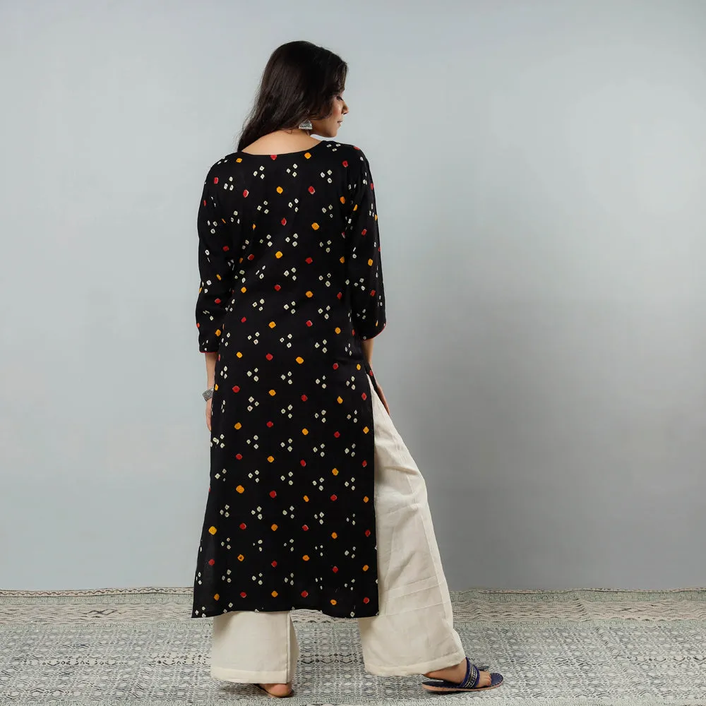 Black - Bandhani Tie-dye Cotton Long Straight Kurta sold by Itokri product image thumbnail 4