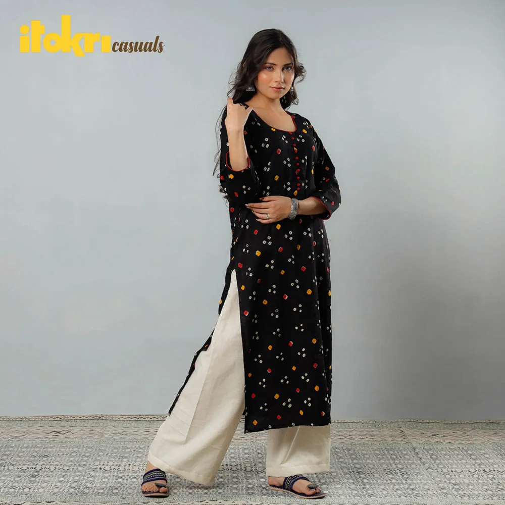 Black - Bandhani Tie-dye Cotton Long Straight Kurta sold by Itokri product image thumbnail 2
