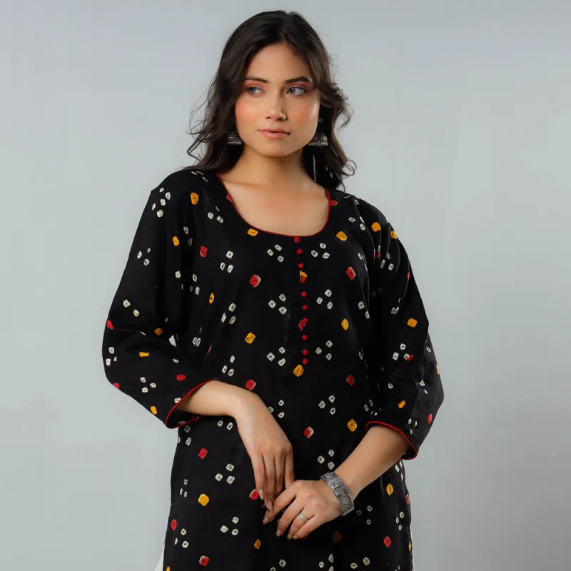 Black - Bandhani Tie-dye Cotton Long Straight Kurta made by Itokri