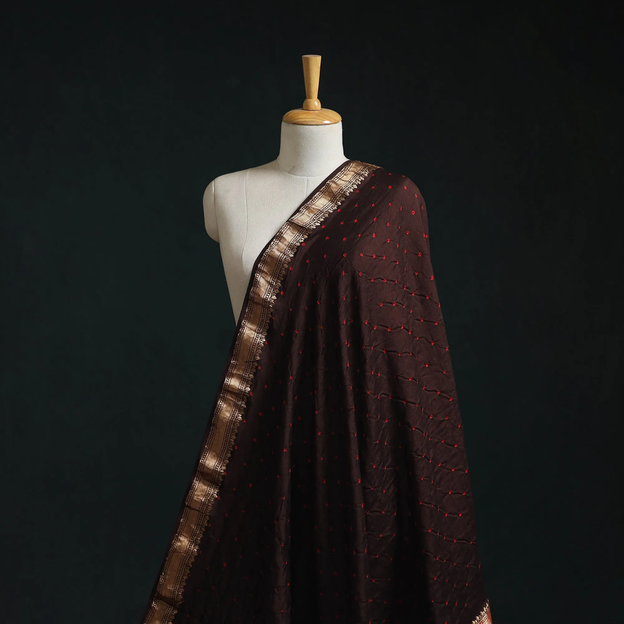 Brown - Silk Tie-Dye Bandhani Fabric with Zari Border 19 sold by Itokri
