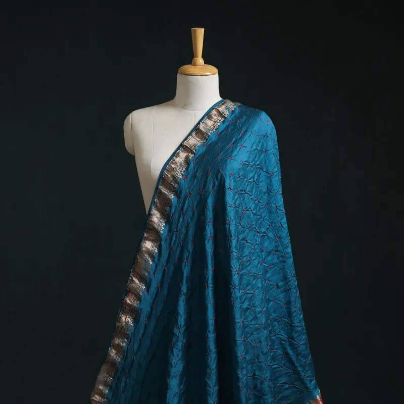 Blue - Silk Tie-Dye Bandhani Fabric with Zari Border 18 made by Itokri