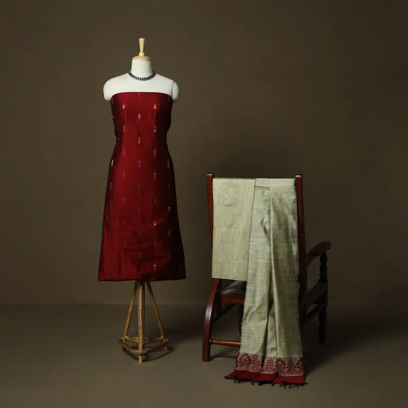 Red - Mangalagiri Silk Cotton Thread Work 3pc Unstitched Dress Material 120 made by Itokri