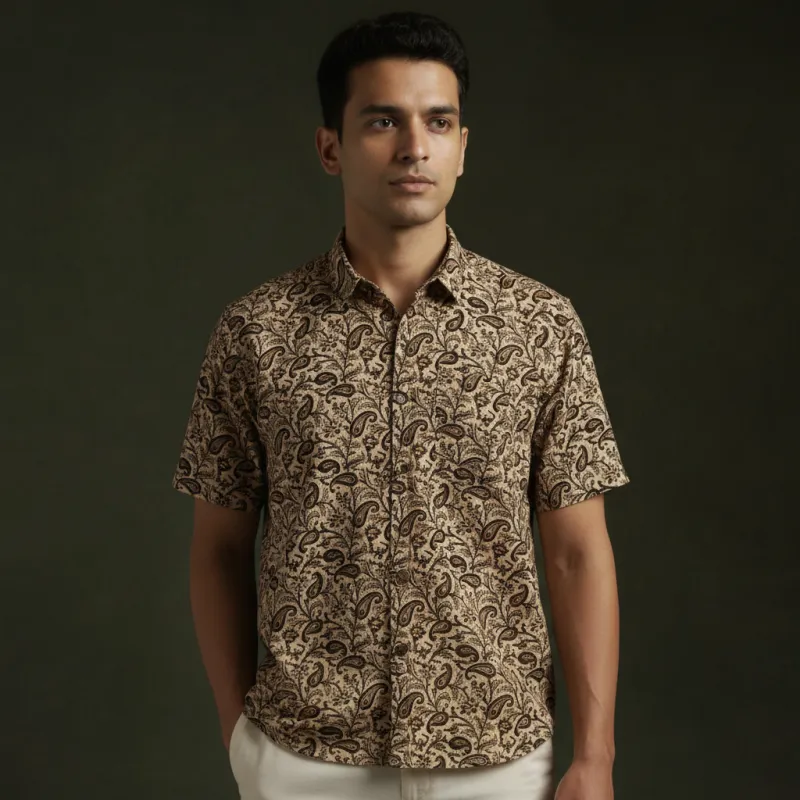 Beige - Pedana Hand Block Print Natural Dyed Cotton Half Sleeve Men Kalamkari Shirt 05 made by Itokri