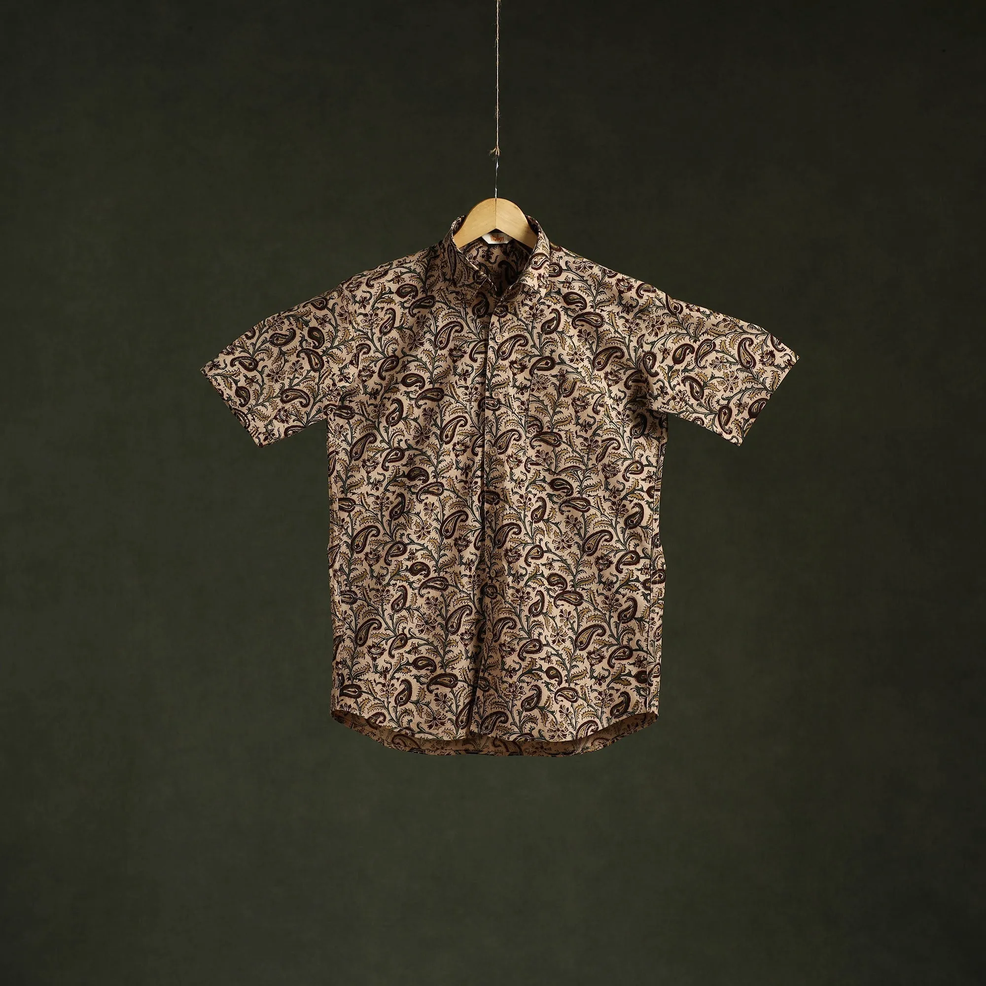 Beige - Pedana Hand Block Print Natural Dyed Cotton Half Sleeve Men Kalamkari Shirt 05 sold by Itokri product image thumbnail 2