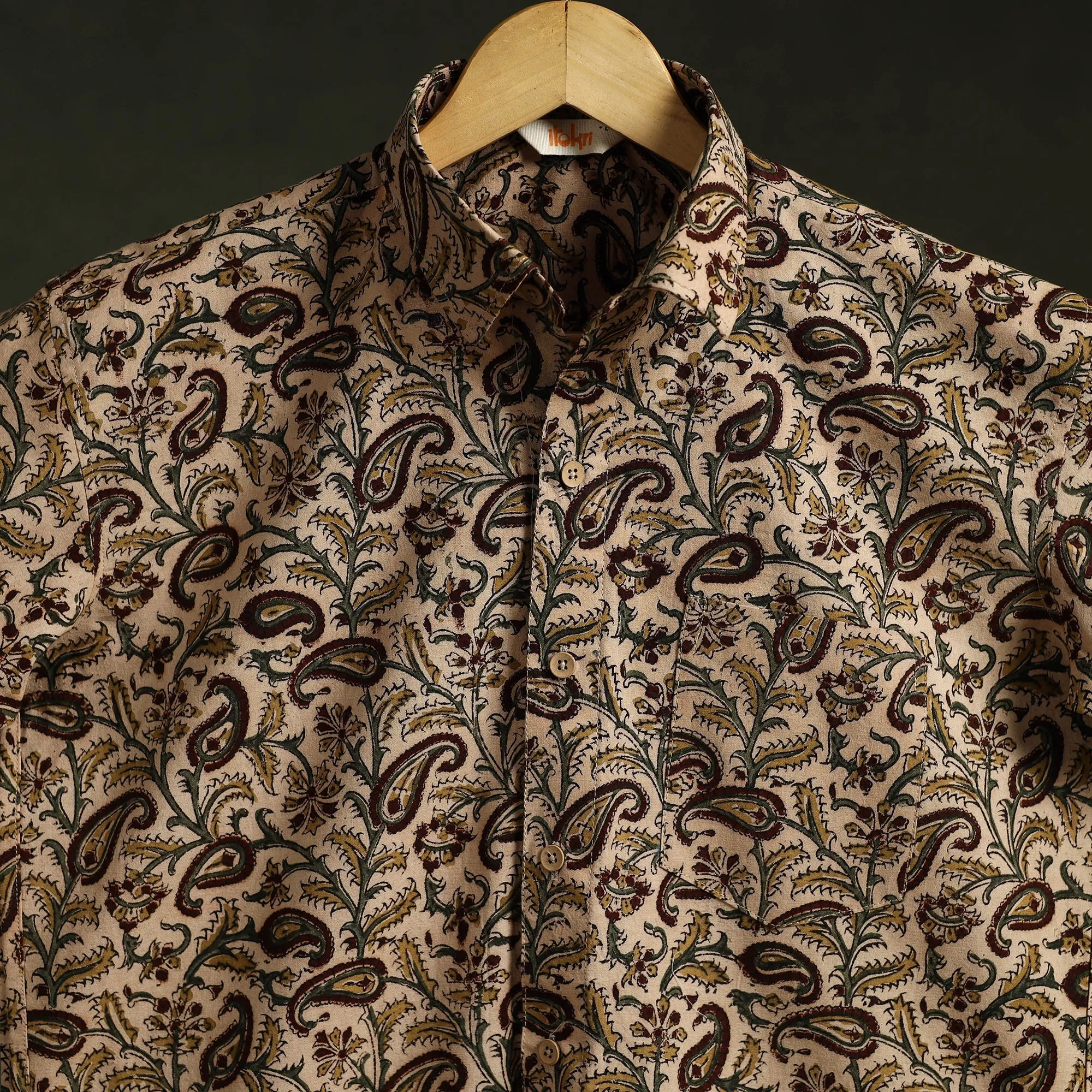 Beige - Pedana Hand Block Print Natural Dyed Cotton Half Sleeve Men Kalamkari Shirt 05 sold by Itokri product image thumbnail 3