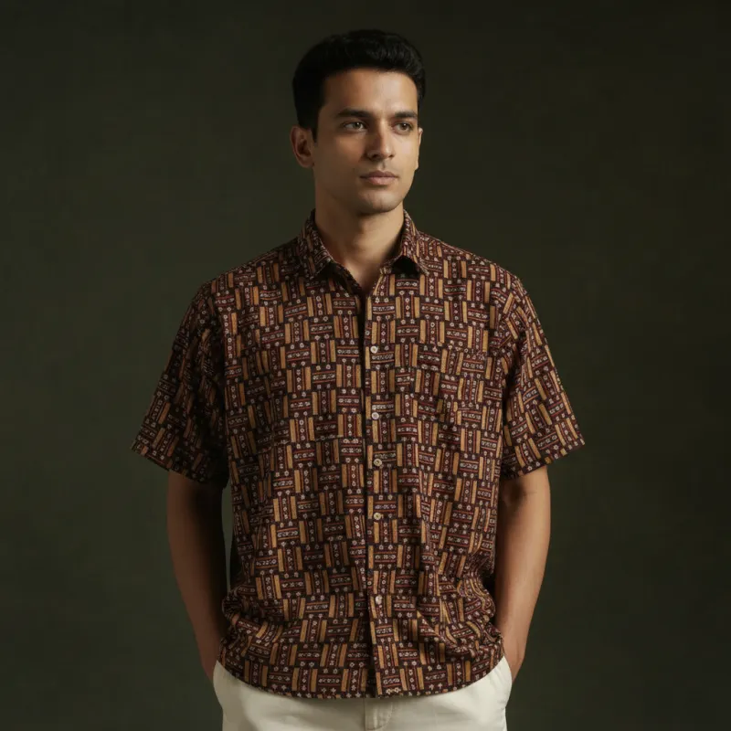 Brown - Pedana Hand Block Print Natural Dyed Cotton Half Sleeve Men Kalamkari Shirt 08 made by Itokri